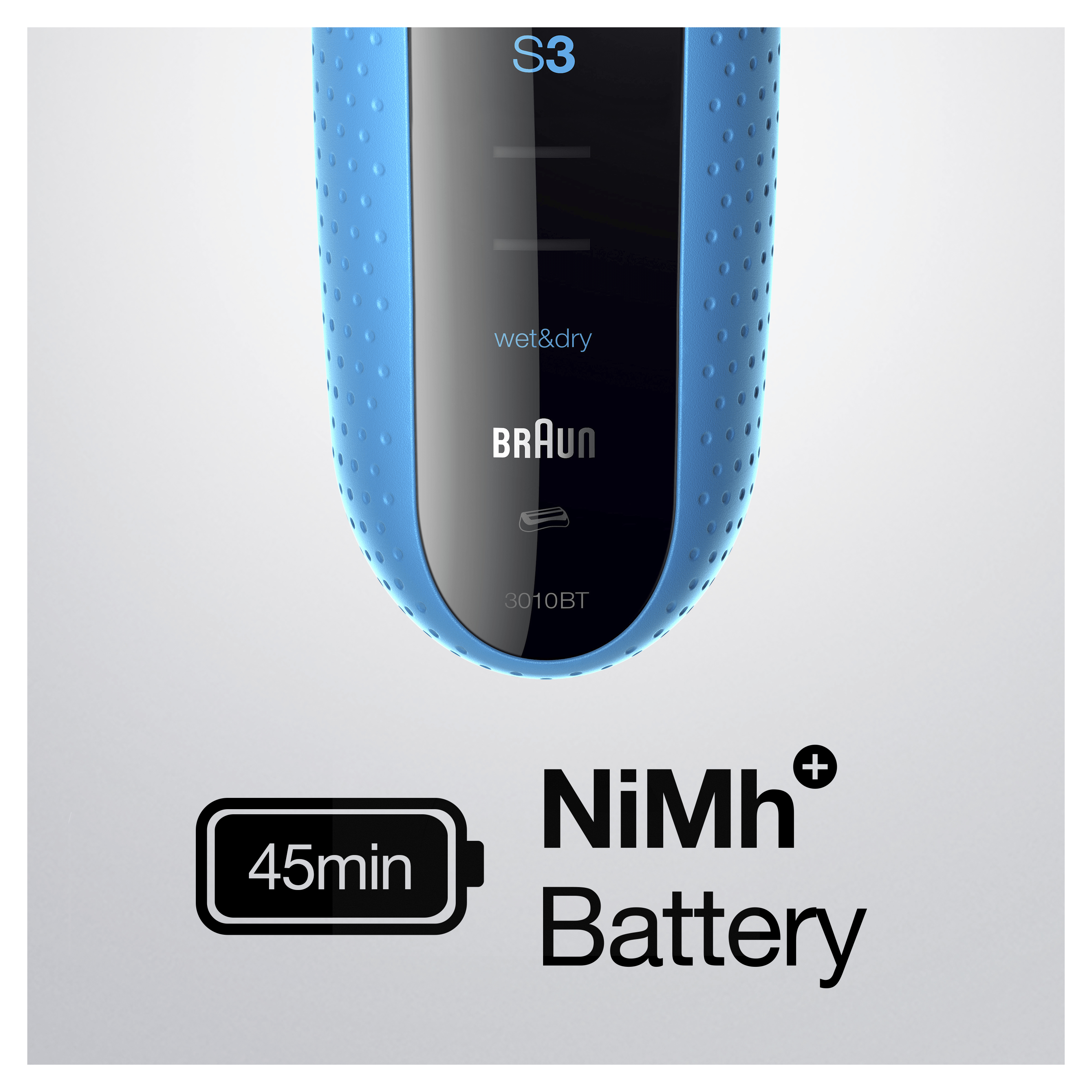 Blauer Elektrorasierer mit Anzeige für Akkulaufzeit und dem Text 'NiMh Battery'.