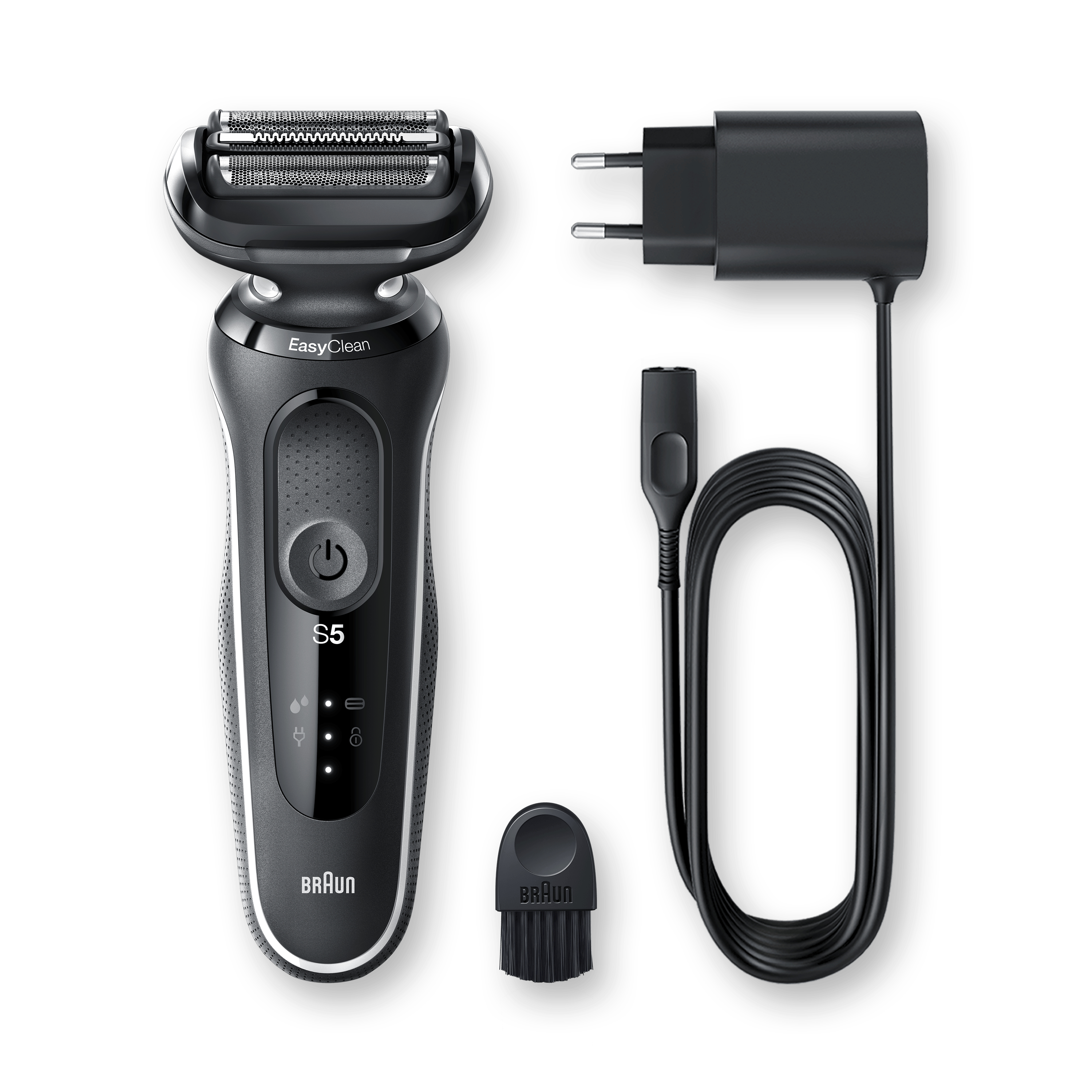 Golarka elektryczna Braun Series 5 z ładowarką, szczotką do czyszczenia i kablem ładującym. Wszystko na białej powierzchni.