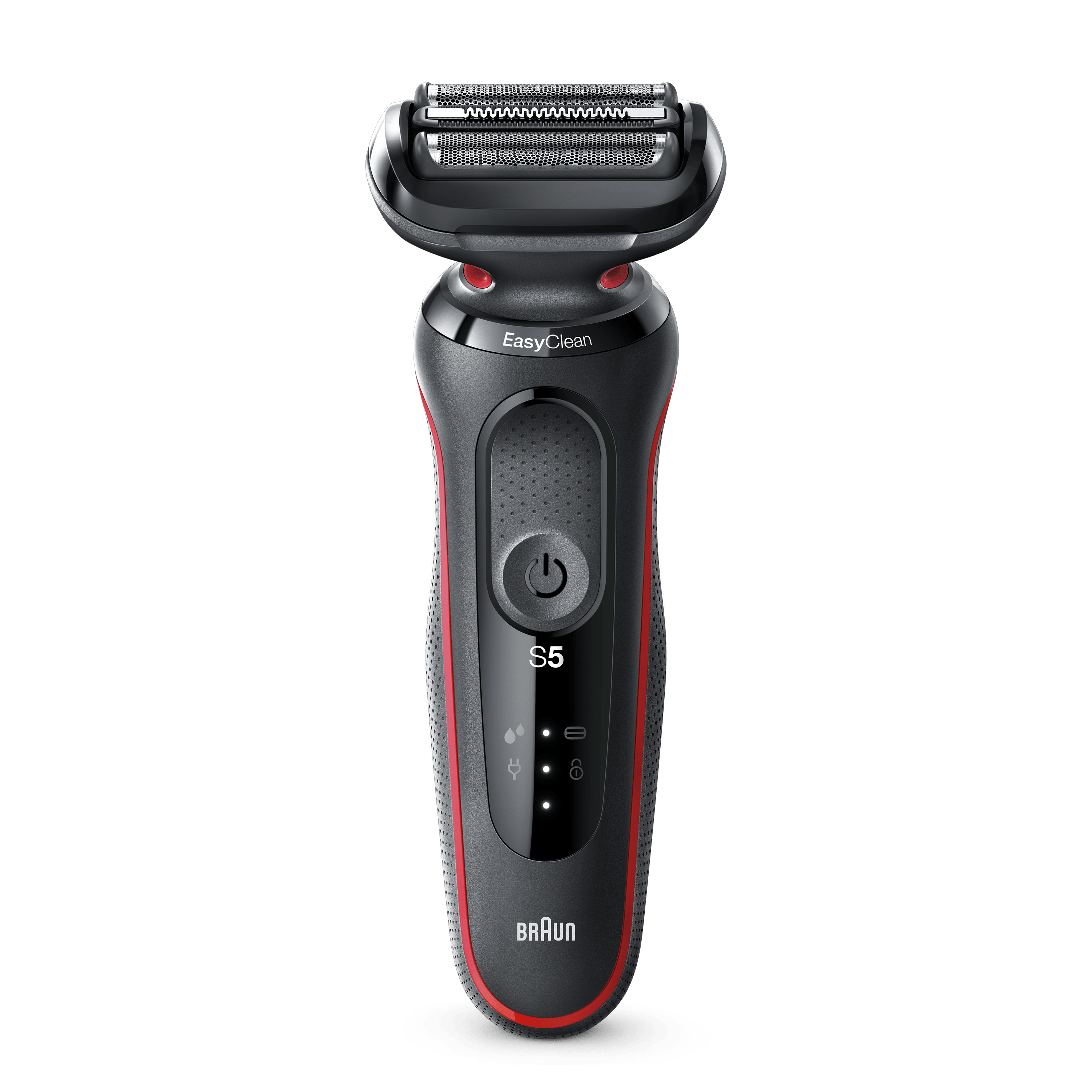 Schwarzer und roter Braun Series 5 Rasierer. Der Rasierer ist auf weißem Hintergrund. Der Rasierer zeigt die Ein-Aus-Taste.