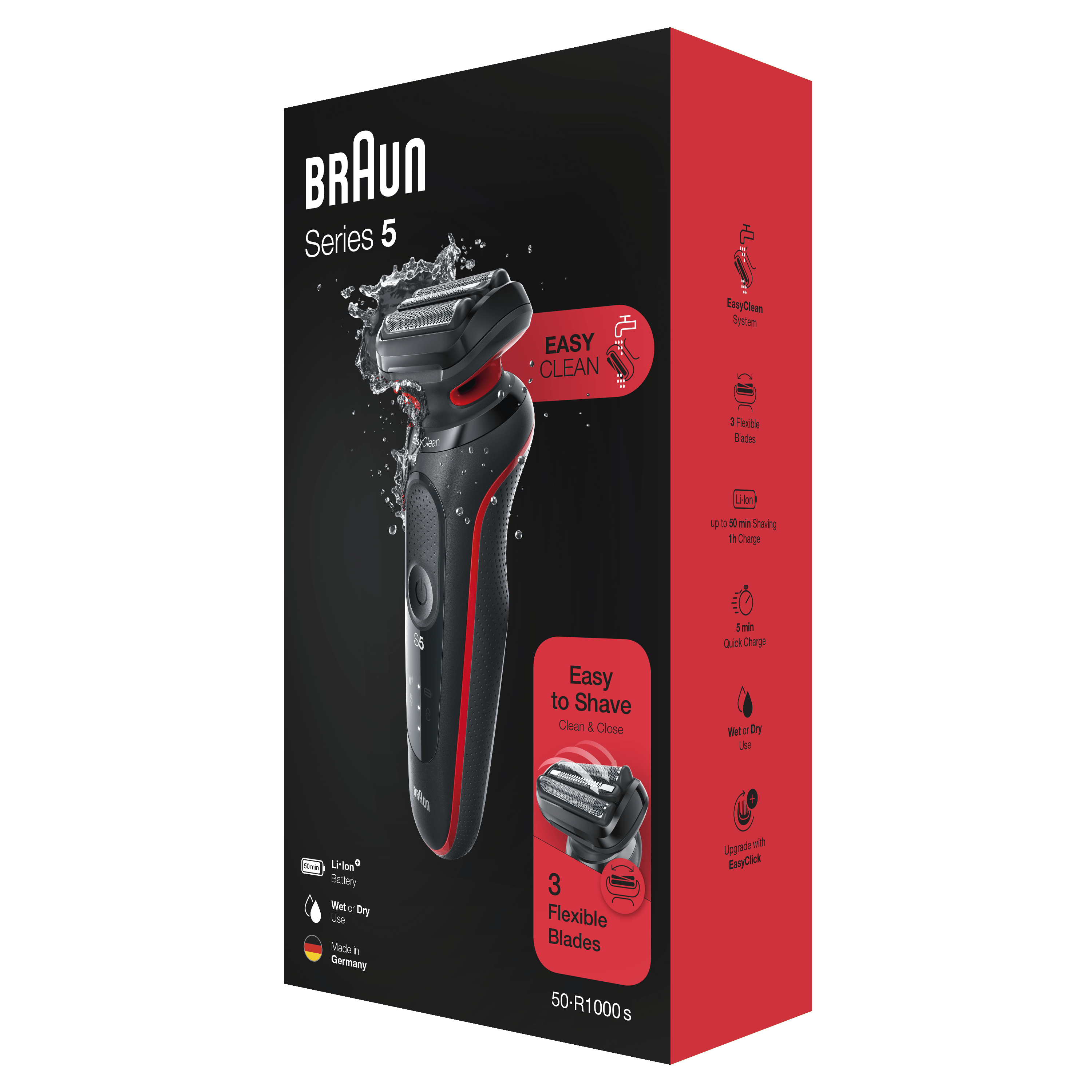 Braun Series 5 Rasiererbox. Zeigt den Rasierer, seine Teile und Produktmerkmale.