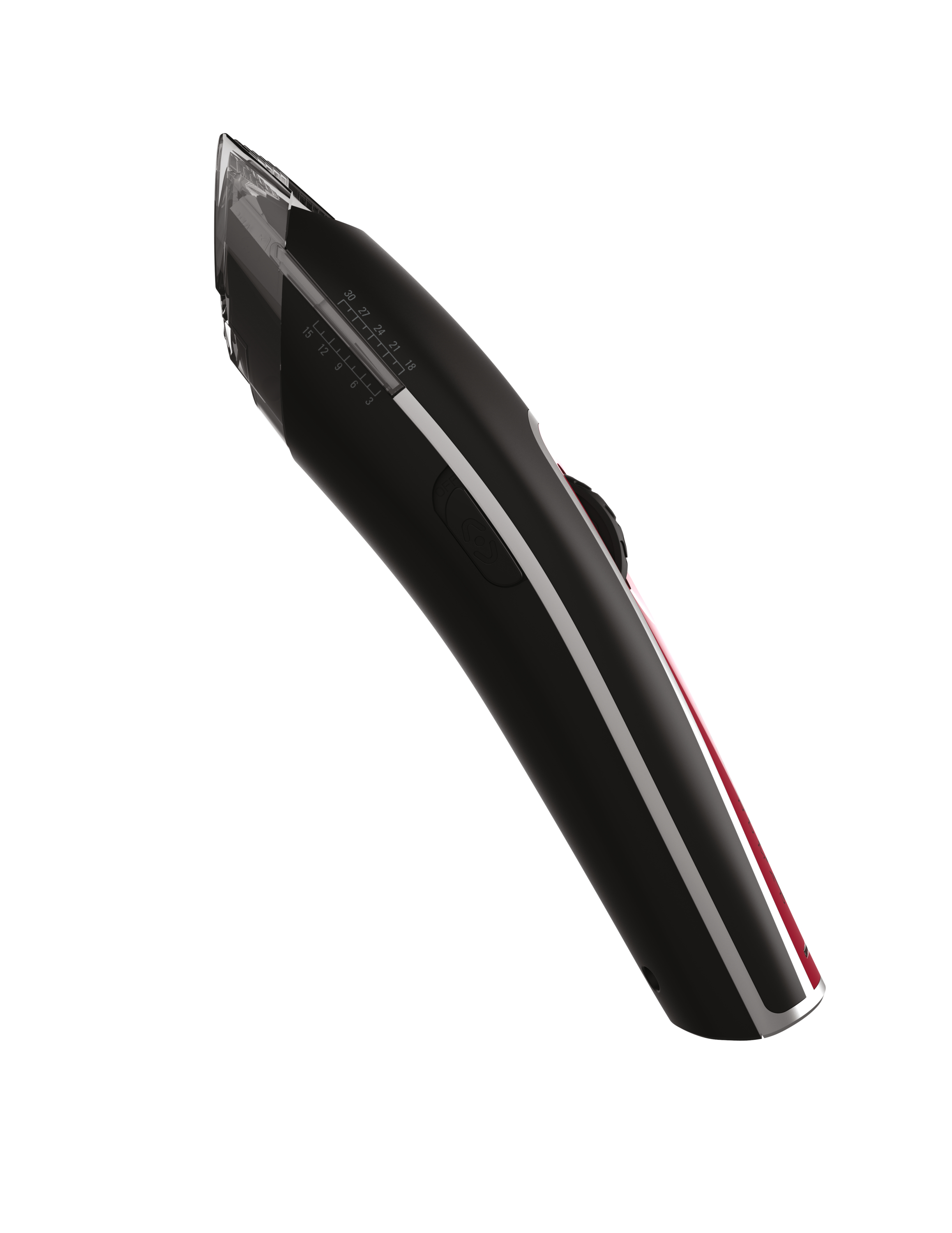 Tagliacapelli elettrico nero e rosso su sfondo bianco, vista angolata.