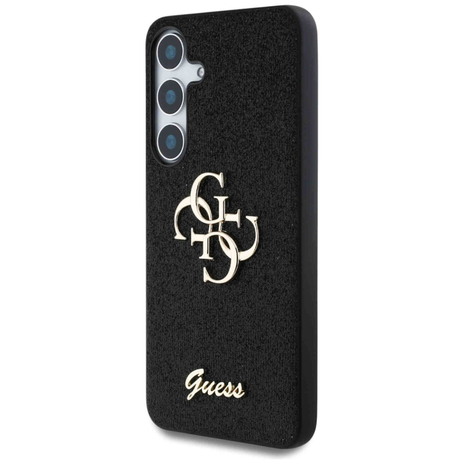Custodia per telefono nera con logo Guess dorato. Presenta tre ritagli per fotocamera e un retro strutturato.