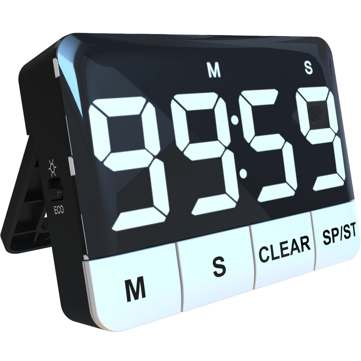 Ein schwarzer digitaler Timer mit einer Anzeige, die '99:59' zeigt. Der Timer hat Tasten zur Steuerung.