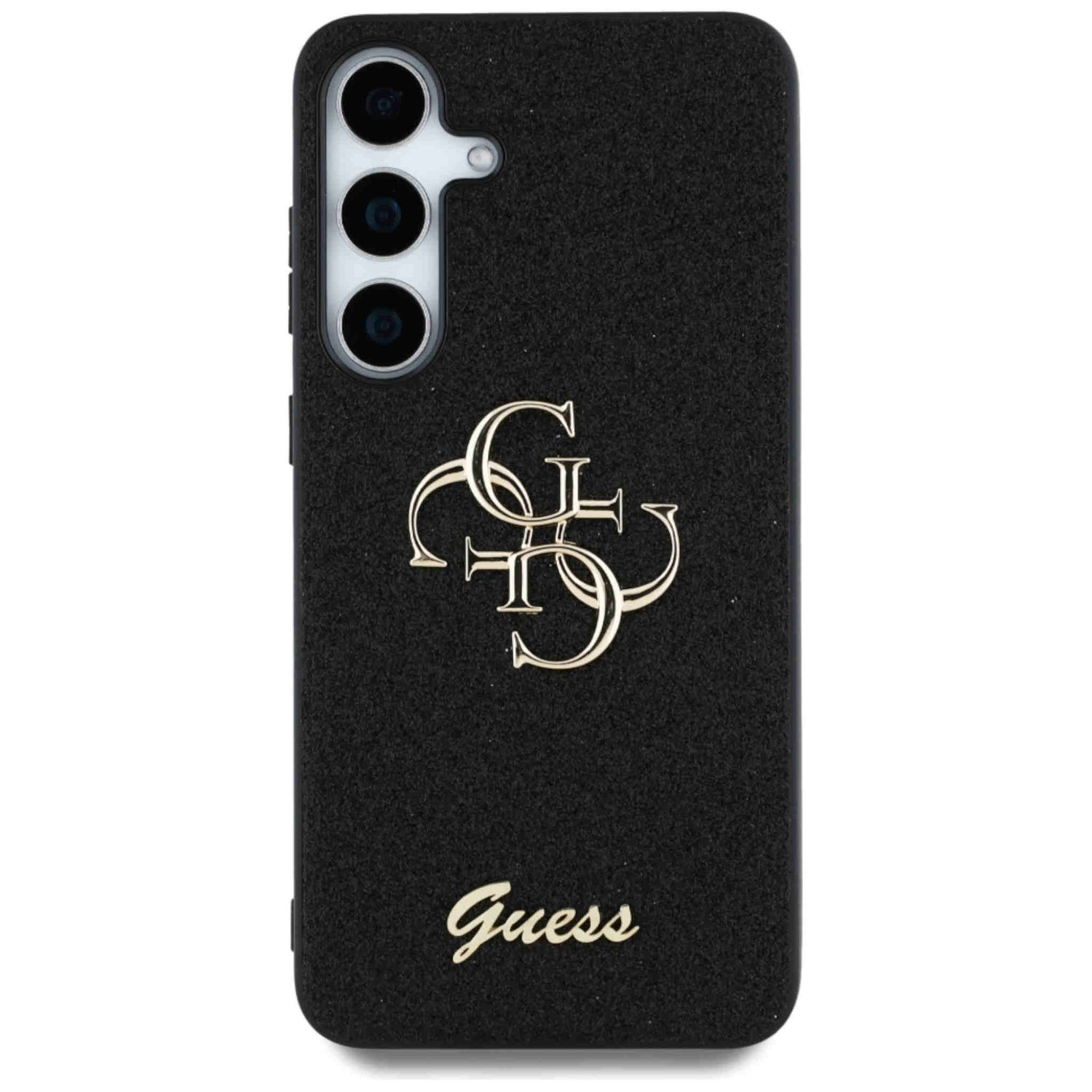 Custodia per telefono nera con logo 'Guess' dorato. Il telefono ha tre fotocamere. Il logo Guess è oro.
