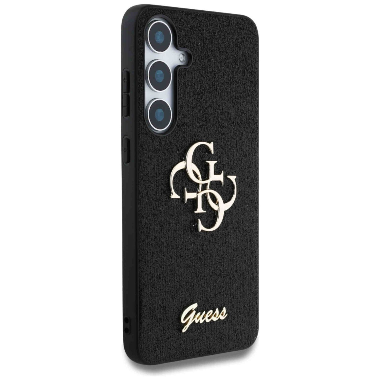 Custodia nera per telefono con logo Guess, progettata per un telefono.