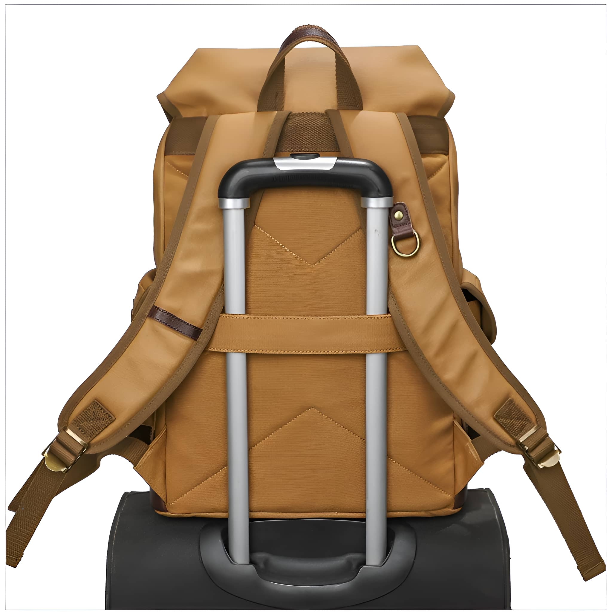 Rückansicht eines beigen Rucksacks an einem Koffergriff. Braune Schultergurte, ein schwarzer Griff.