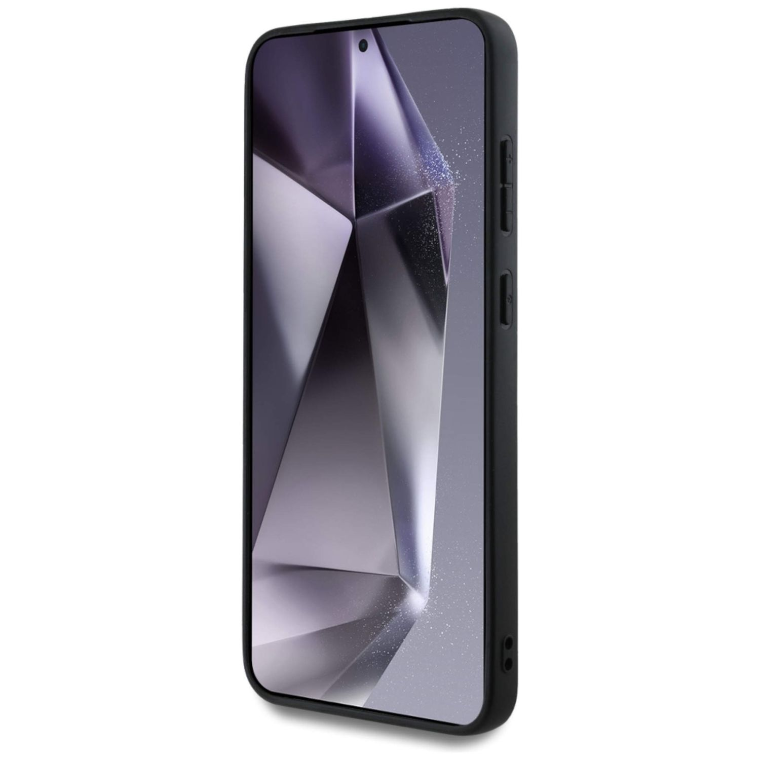 Czarny telefon z ekranem pokazującym geometryczny obraz.