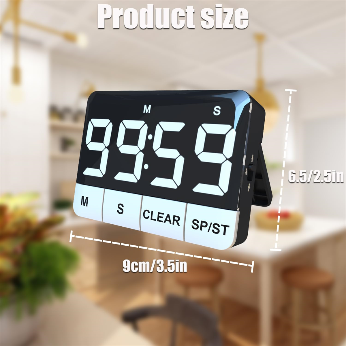 Schwarzer digitaler Küchentimer mit großen Zahlen, Display und Knöpfen.