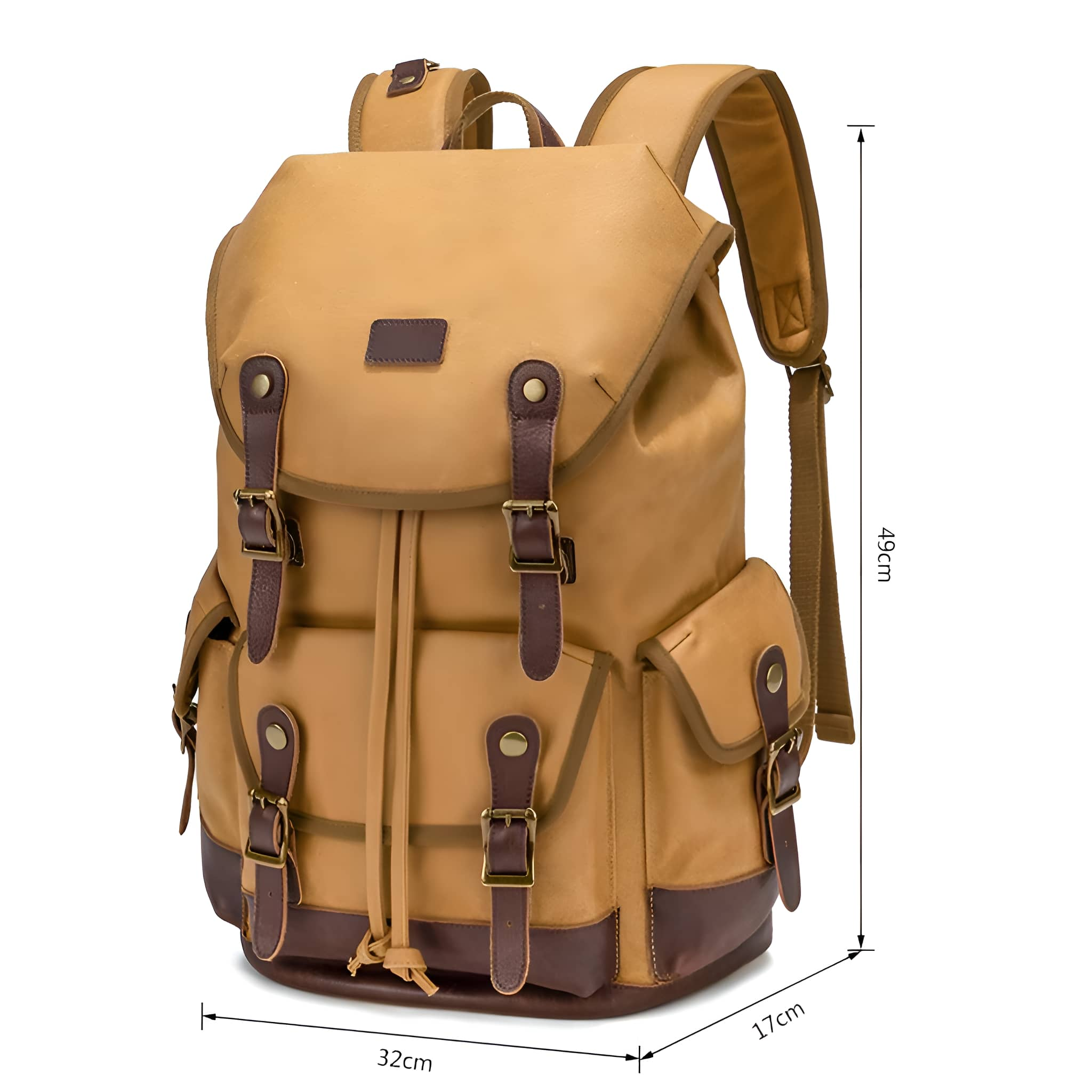 Ein brauner Rucksack mit mehreren Fächern und Lederriemen, 49 cm hoch.