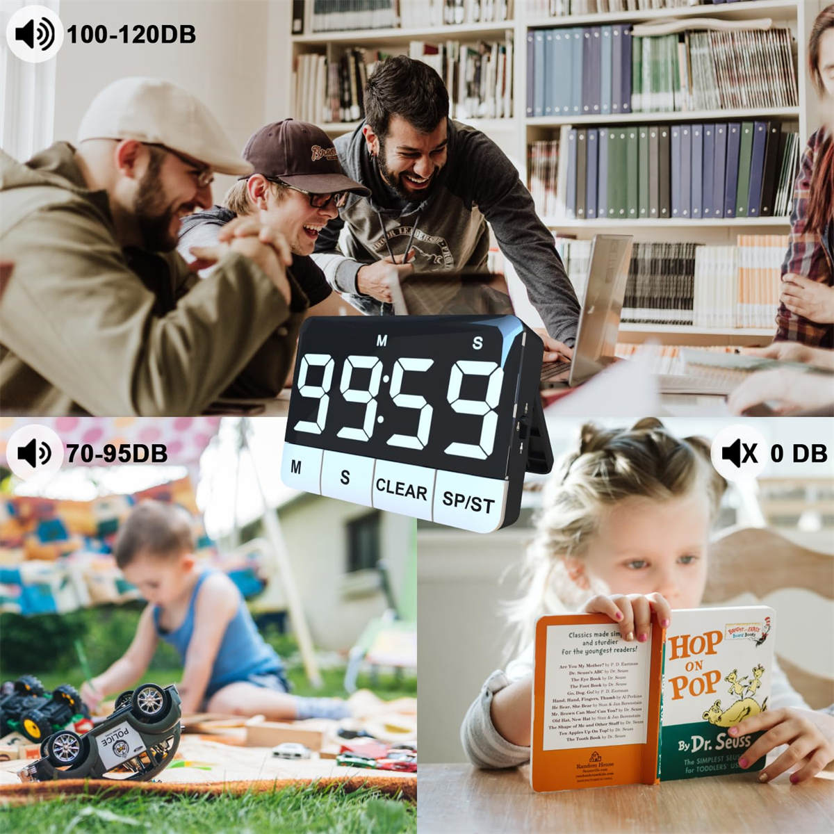 Menschen um einen Timer. Ein Kind liest ein Buch, andere interagieren. Schallpegelanzeigen werden gezeigt.