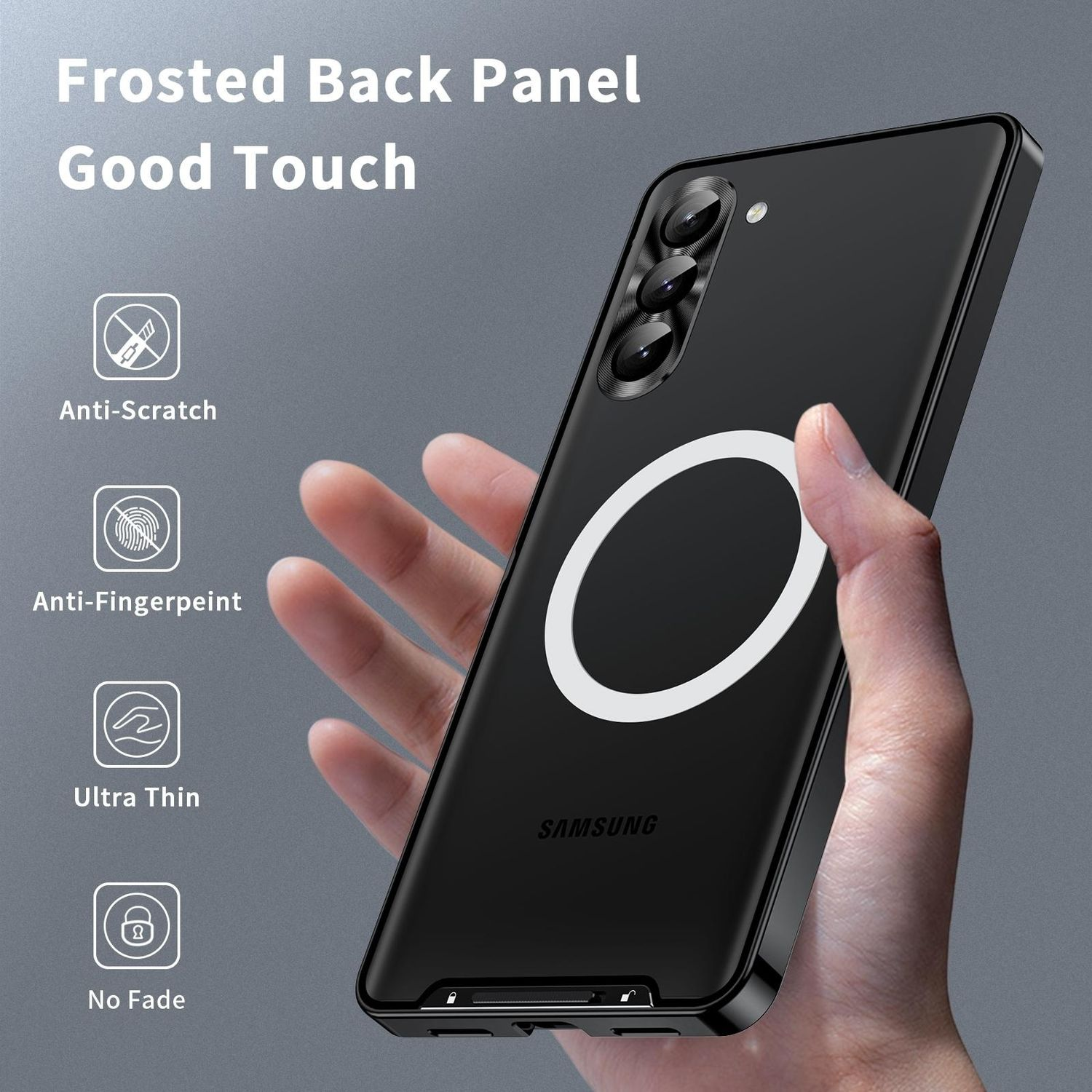 Funda de teléfono negra con un anillo blanco. Mano sosteniendo la funda.