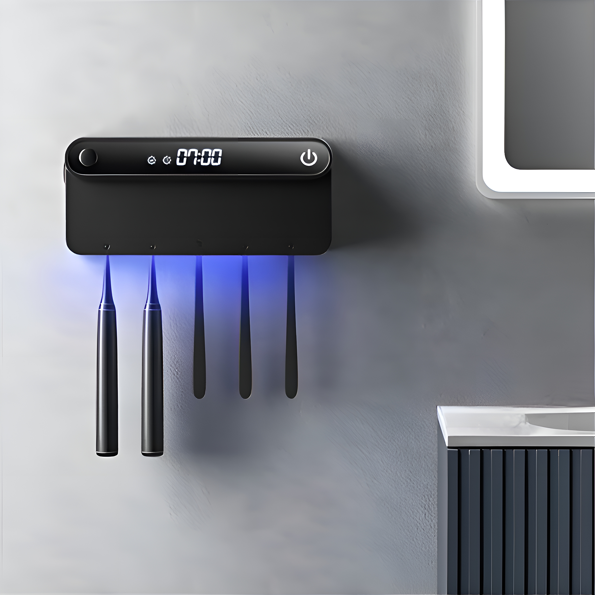 Ein schwarzer UV-Zahnbürstensterilisator. Drei Zahnbürsten sind darin, mit einer Digitaluhr.