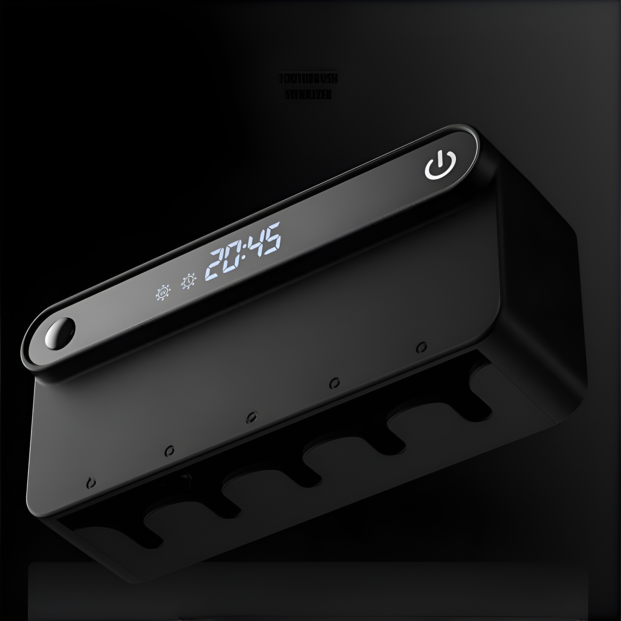 Schwarzer Zahnbürstensterilisator mit Digitaluhr. Es hat einen Power-Knopf und mehrere Zahnbürstenfächer.