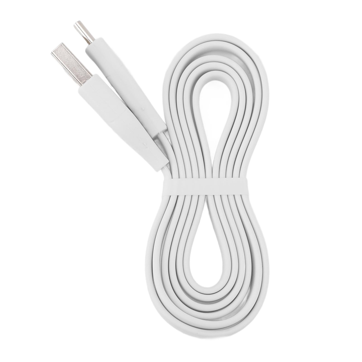 Ein weißes USB-Kabel ist aufgerollt. Das Kabel ist mit einem USB-A- und einem USB-C-Anschluss verbunden.