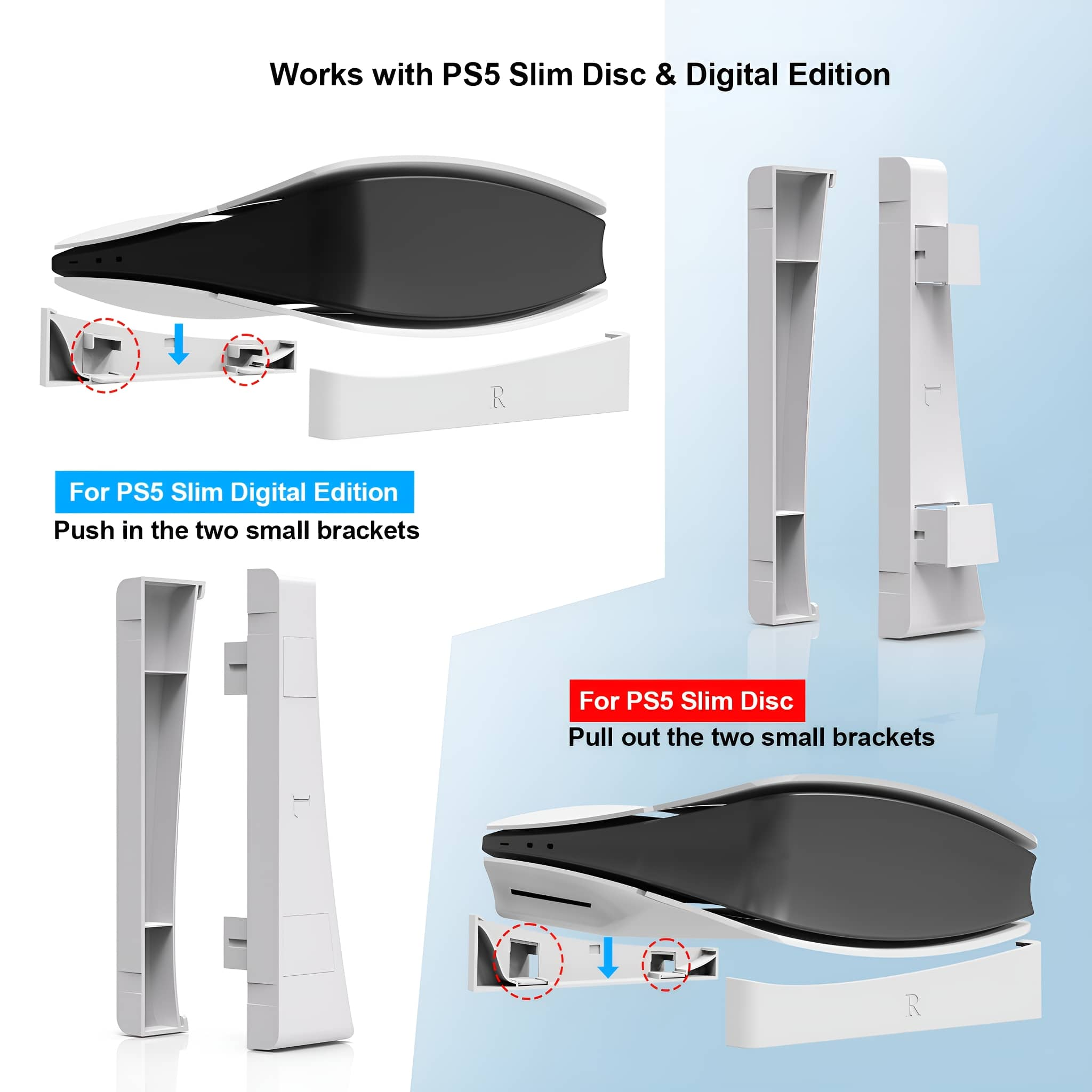 Diagramm für PS5 Slim. Zeigt, wie man Halterungen für die Digital- und Disc-Editionen installiert.
