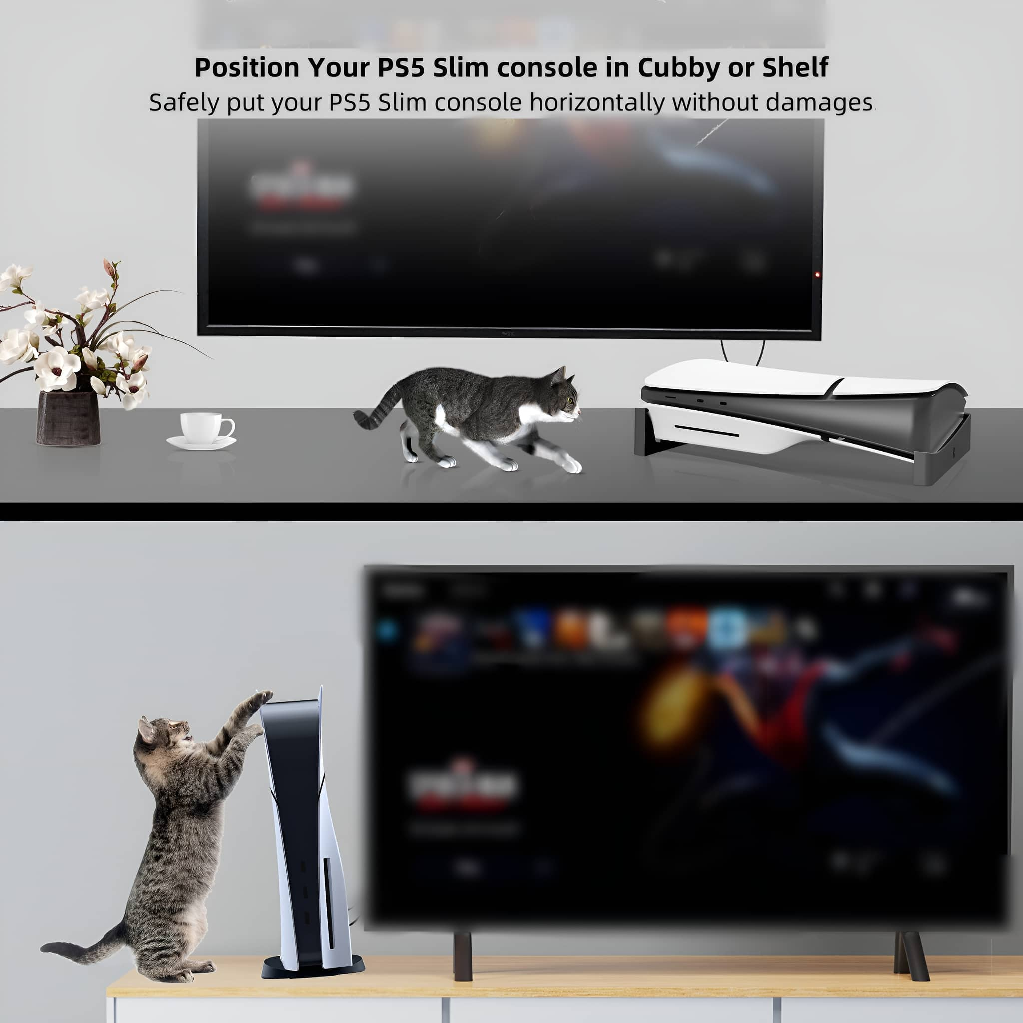 Zwei Bilder einer Katze, die mit einer PS5-Konsole interagiert, auf Tisch und Regal.