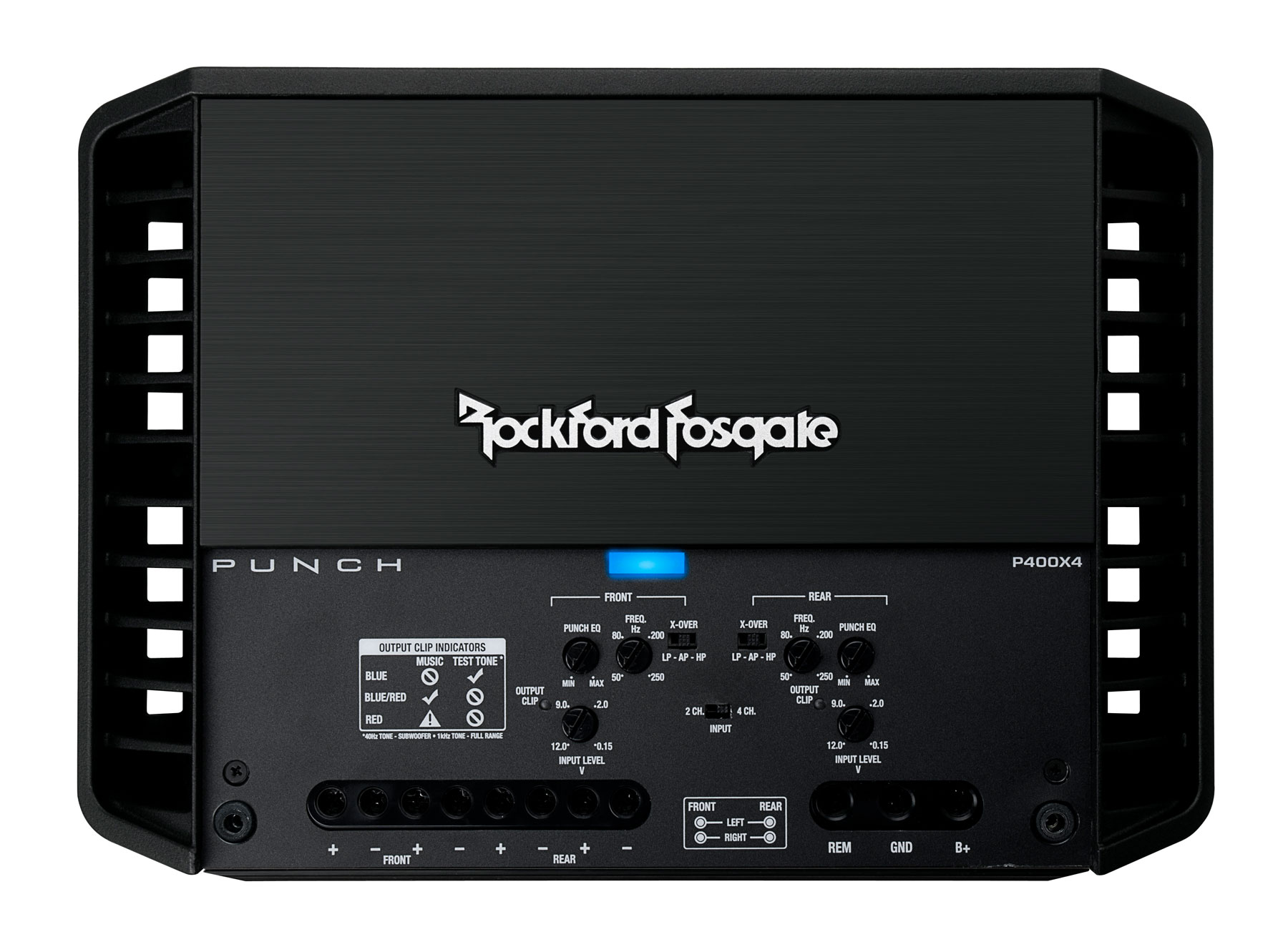 Schwarzer Rockford Fosgate P400X4 Auto-Verstärker mit Bedienfeld und Text.