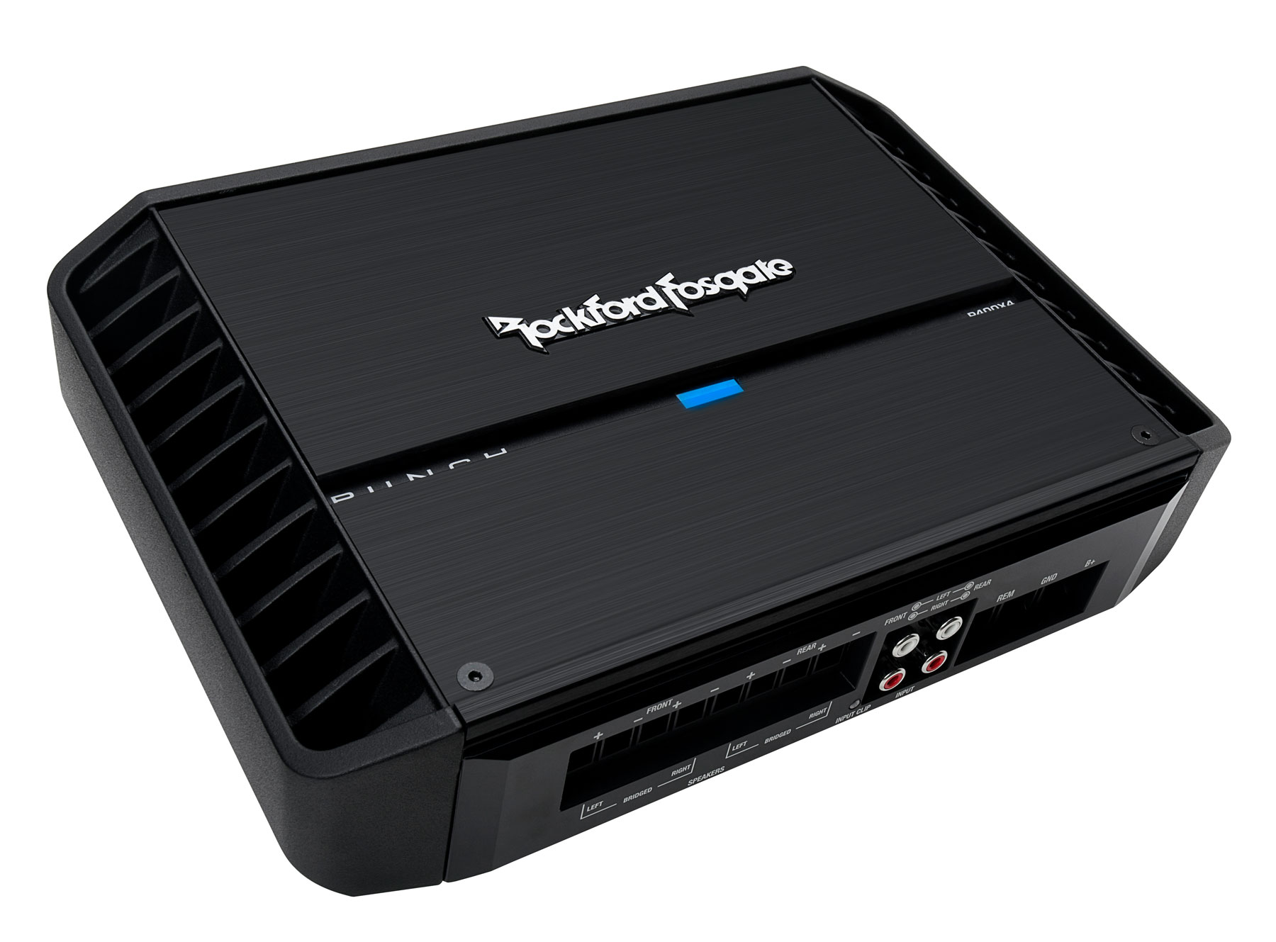 Schwarzer Rockford Fosgate Auto-Verstärker. Enthält Bedienelemente und Anschlüsse, schwarzer Hintergrund.