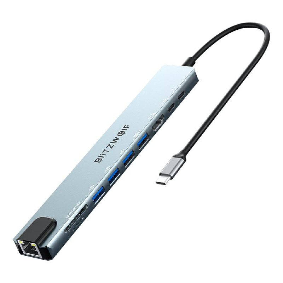 Silberner USB-C-Hub mit mehreren Anschlüssen, schwarzes Kabel.