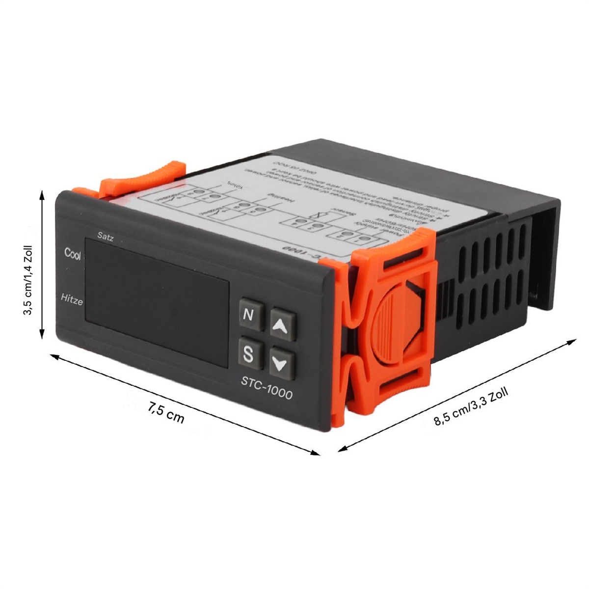 Schwarzer STC-1000 Temperaturregler. Digitalanzeige mit orangefarbenen Akzenten. Messinstrumente.