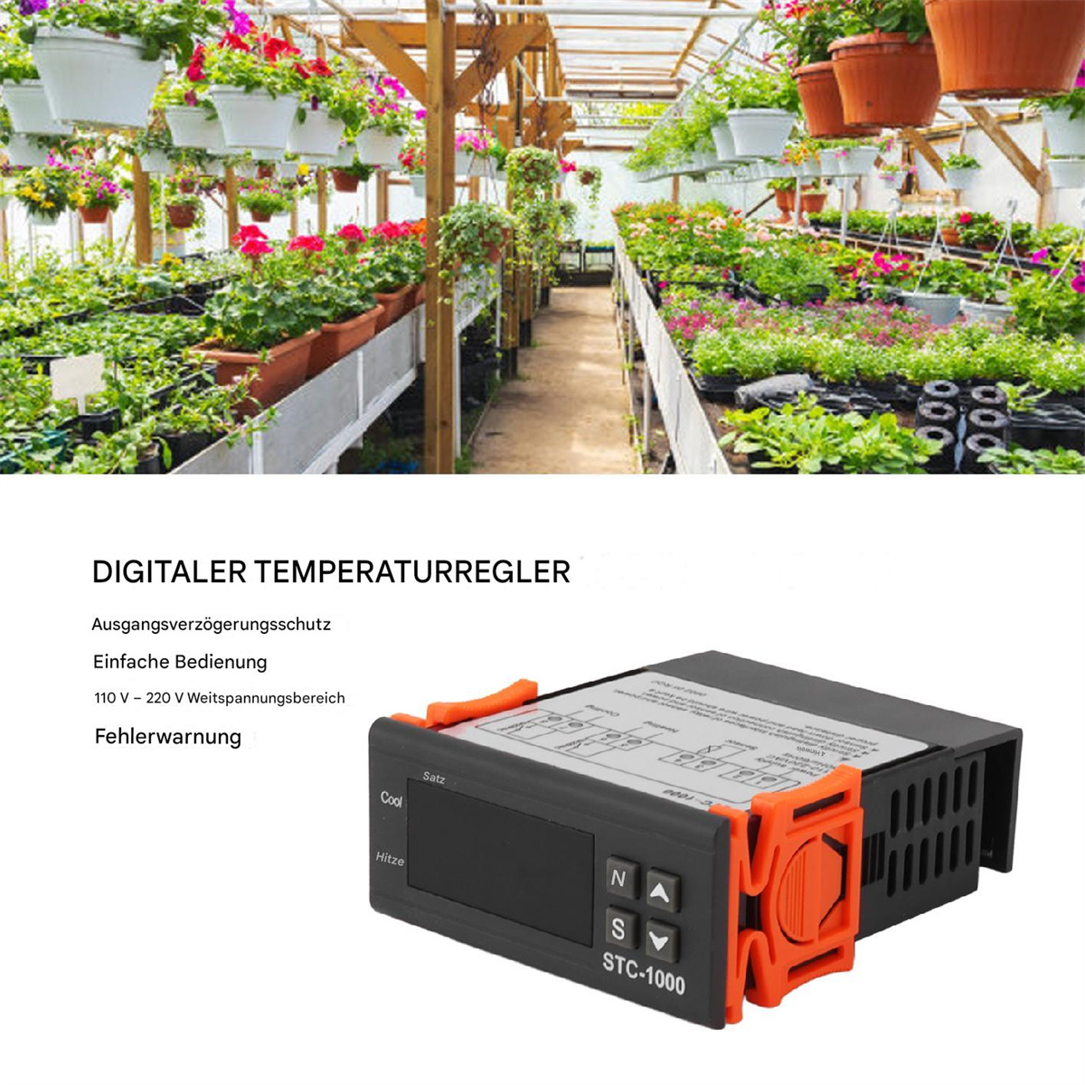 Ein digitaler Temperaturregler mit Text in einem Gewächshaus mit Pflanzen und Blumen.