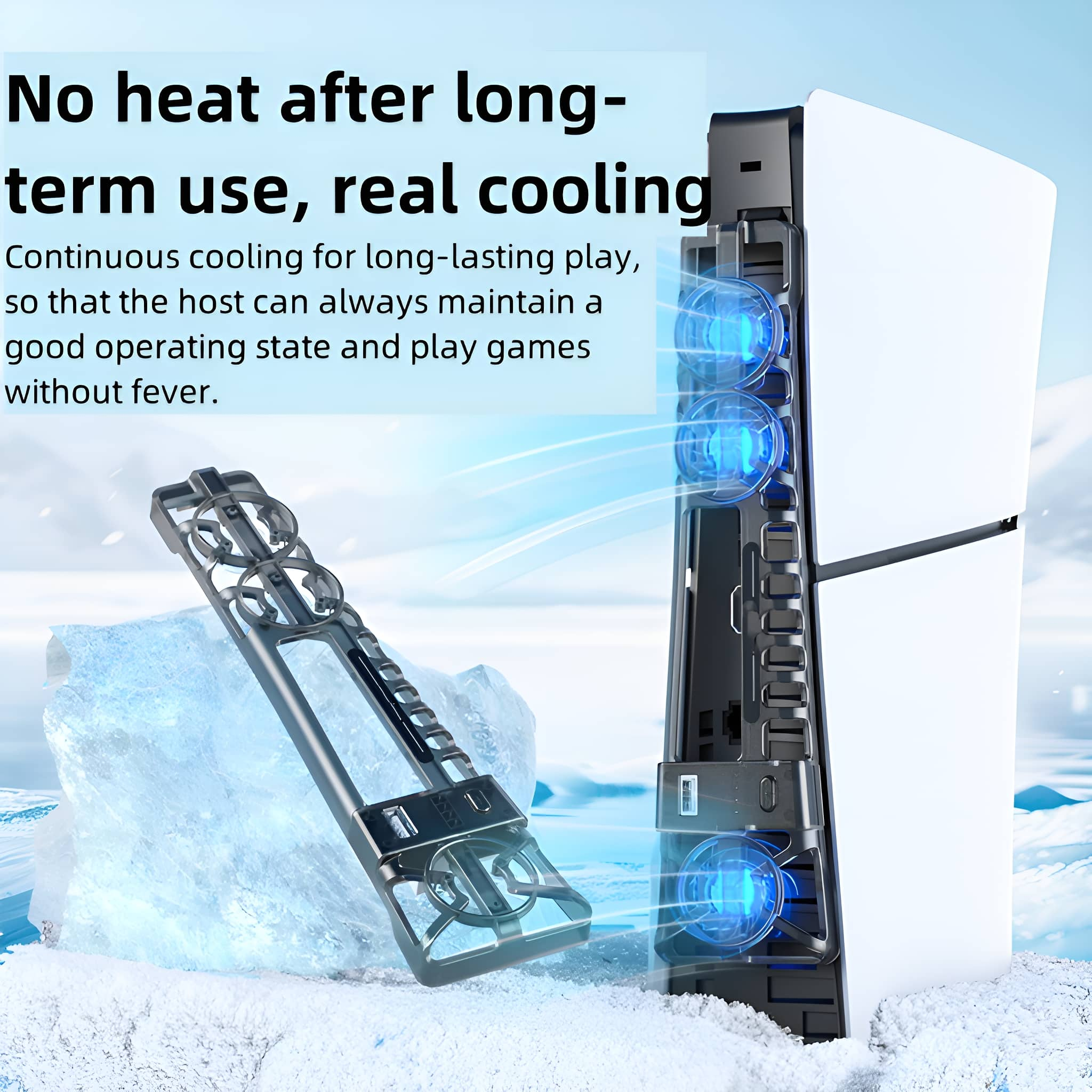 Eine weiße PlayStation 5-Konsole mit Kühlaufsatz und Eisblock-Requisite, mit Text über Kühlung.