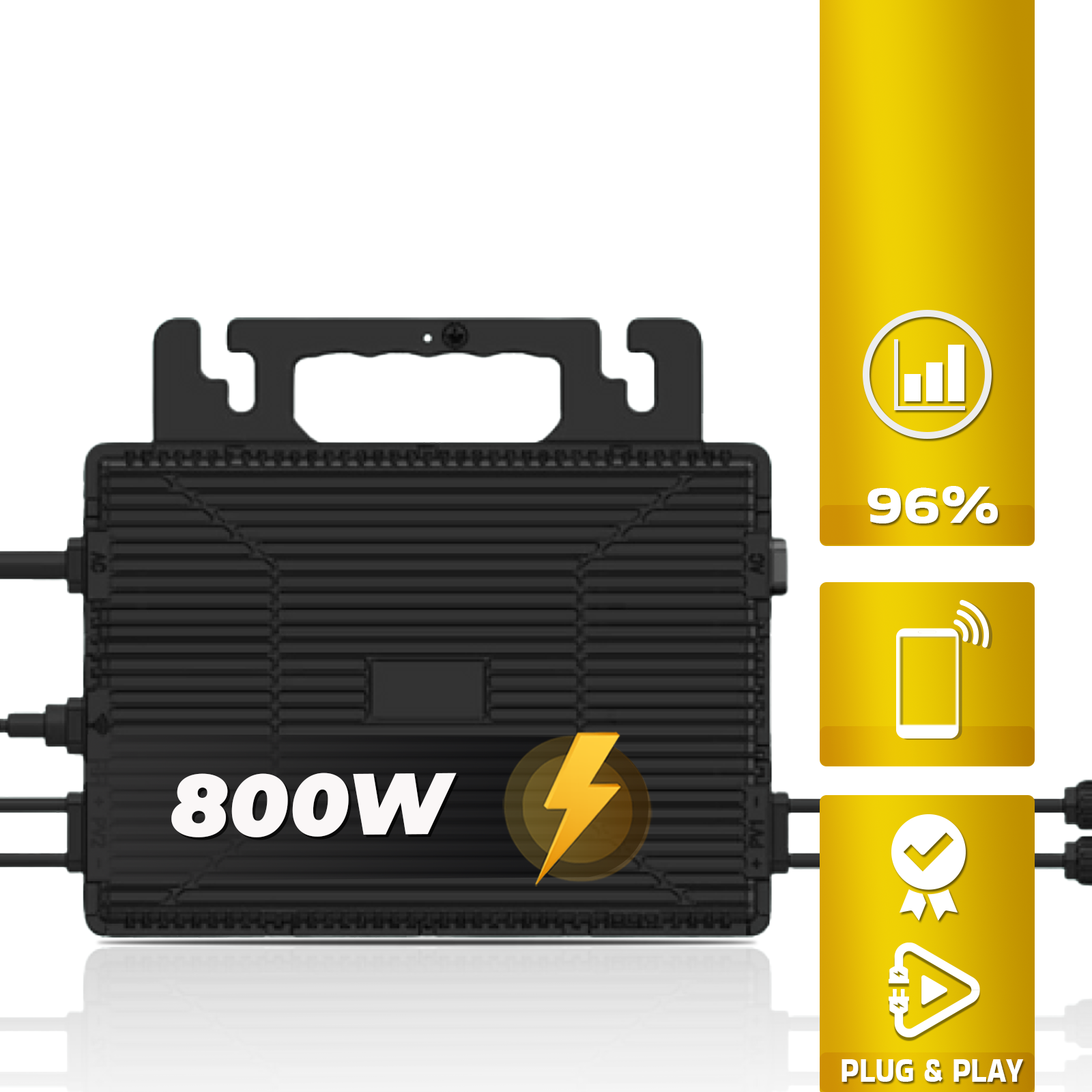 Ein schwarzes Solarpanel mit Text und Grafiken, einschließlich eines Blitzsymbols.
