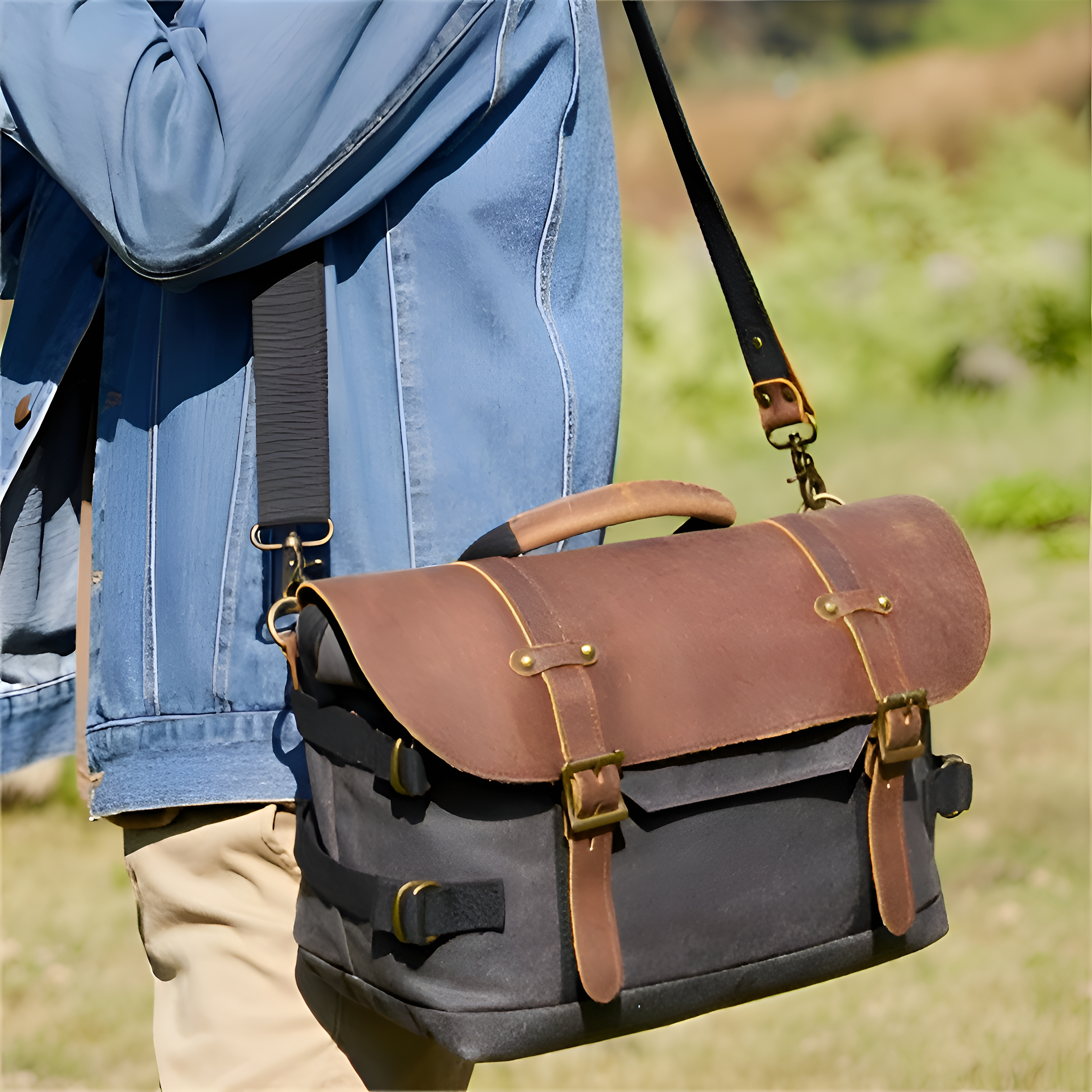 Eine Person hält eine Messenger-Tasche aus Leder und Canvas.