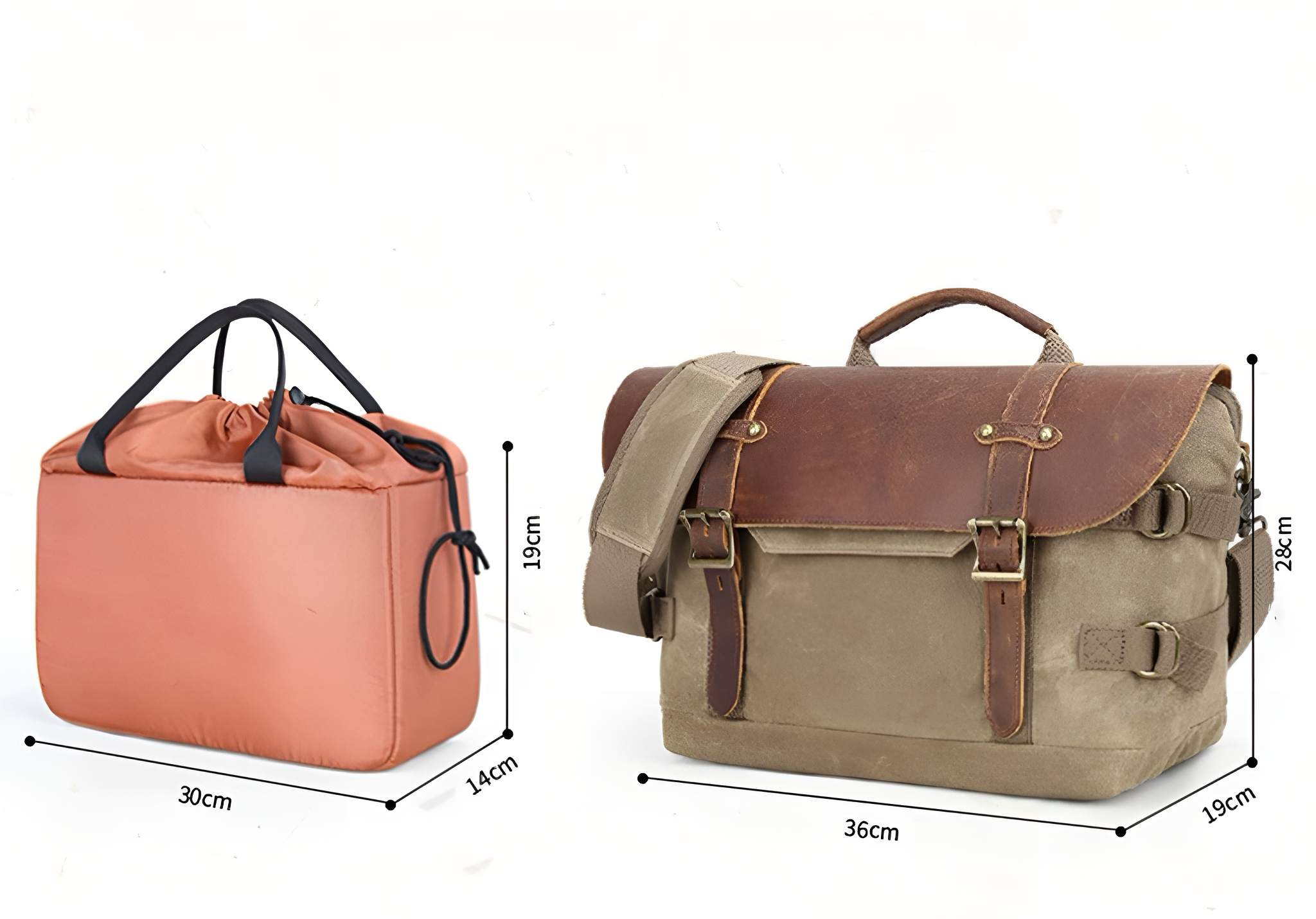 Zwei Taschen. Eine ist korallenfarben und rund, die andere braun und leinwandartig, mit Maßen.