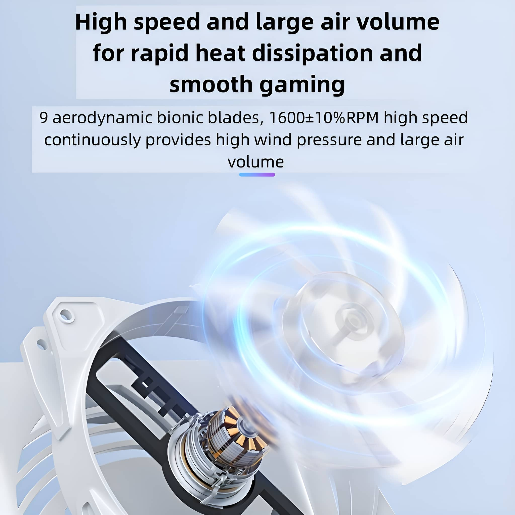 Weißer Ventilator mit Rotorblättern. Text oben. Der Ventilator funktioniert. Elektrische Bauteile sind sichtbar.
