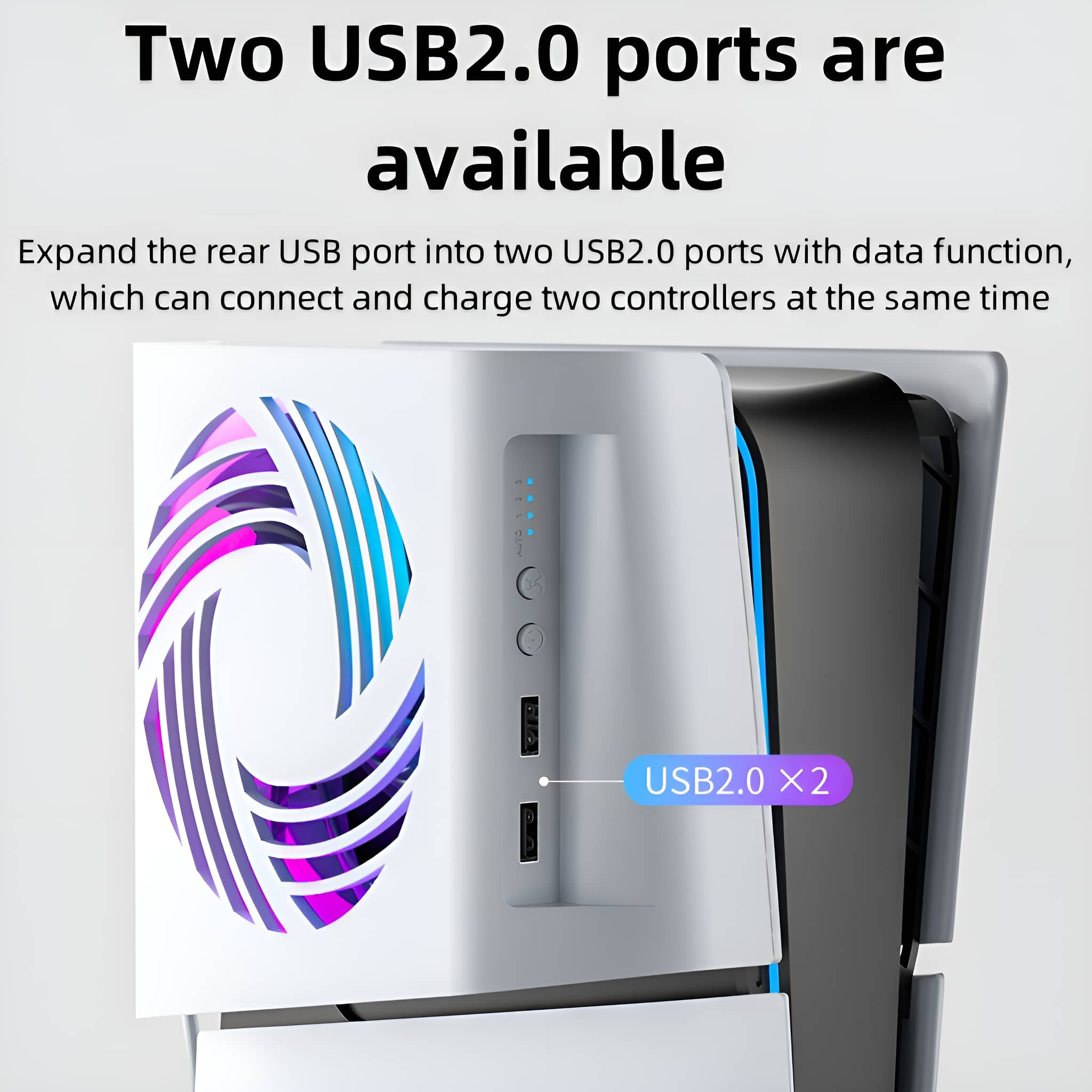 Nahaufnahme eines weißen Geräts mit zwei USB-Anschlüssen und einem lila-blauen Design.