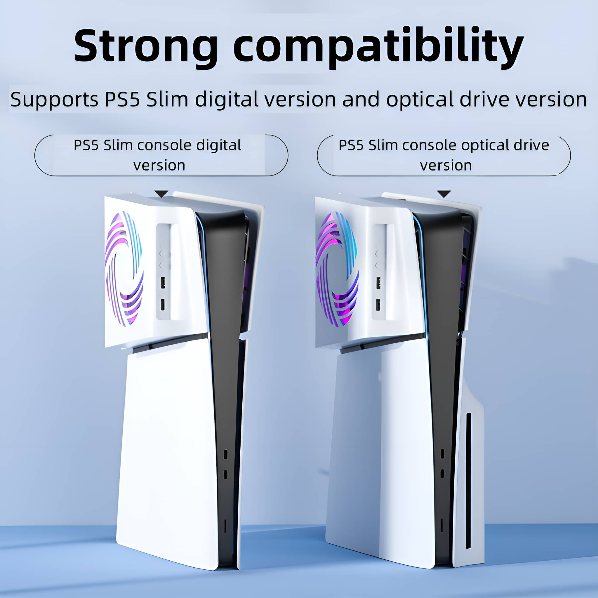 Zwei weiße PS5-Konsolen, eine mit digitaler Version, eine mit optischem Laufwerk, werden angezeigt.