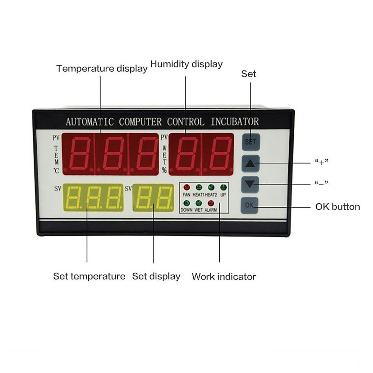 Brutkasten-Bedienfeld mit Digitalanzeigen. Zeigt Temperatur- und Feuchtigkeitseinstellungen mit Tasten.
