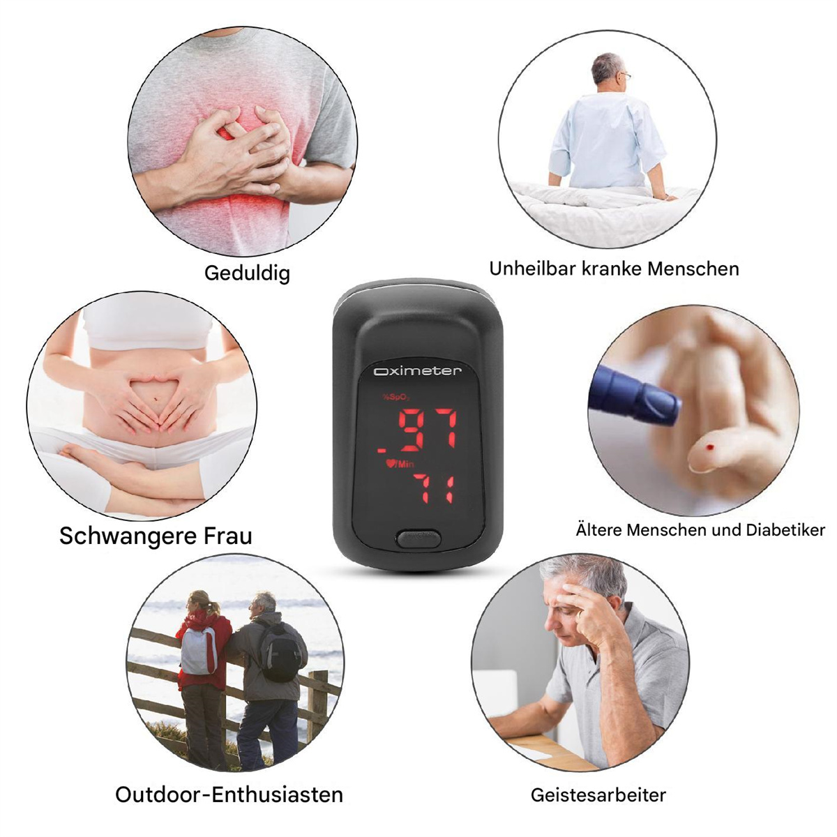 Oximeter mit verschiedenen Gesundheitszuständen. Enthält Bilder von Menschen und Text auf Deutsch.