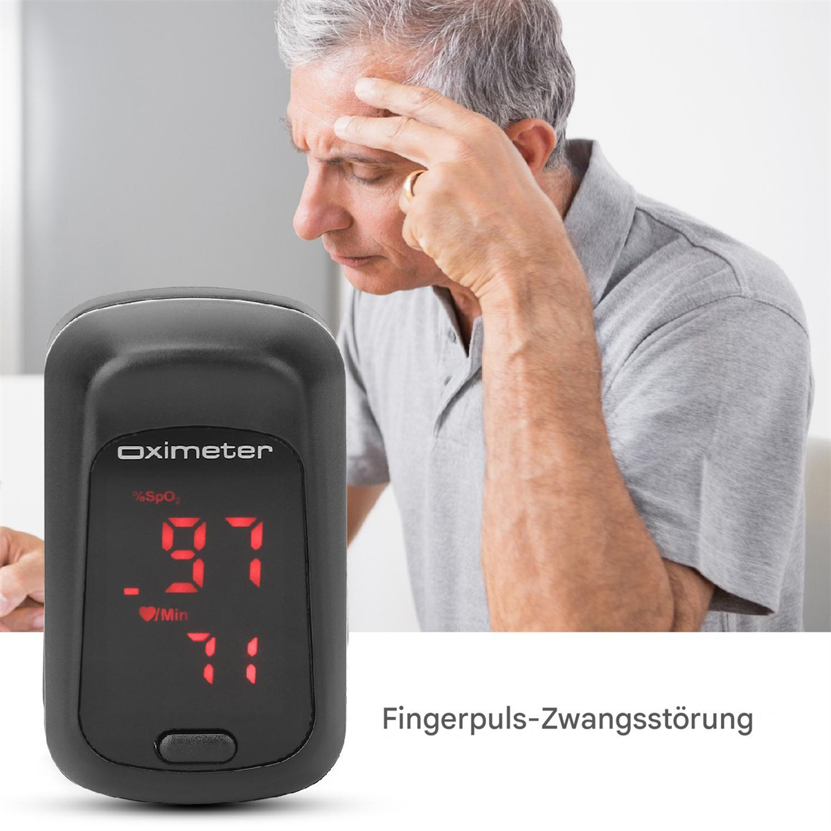 Ein Mann mit einem Fingerpulsoximeter, das 97 % und 71/min auf dem Bildschirm anzeigt.