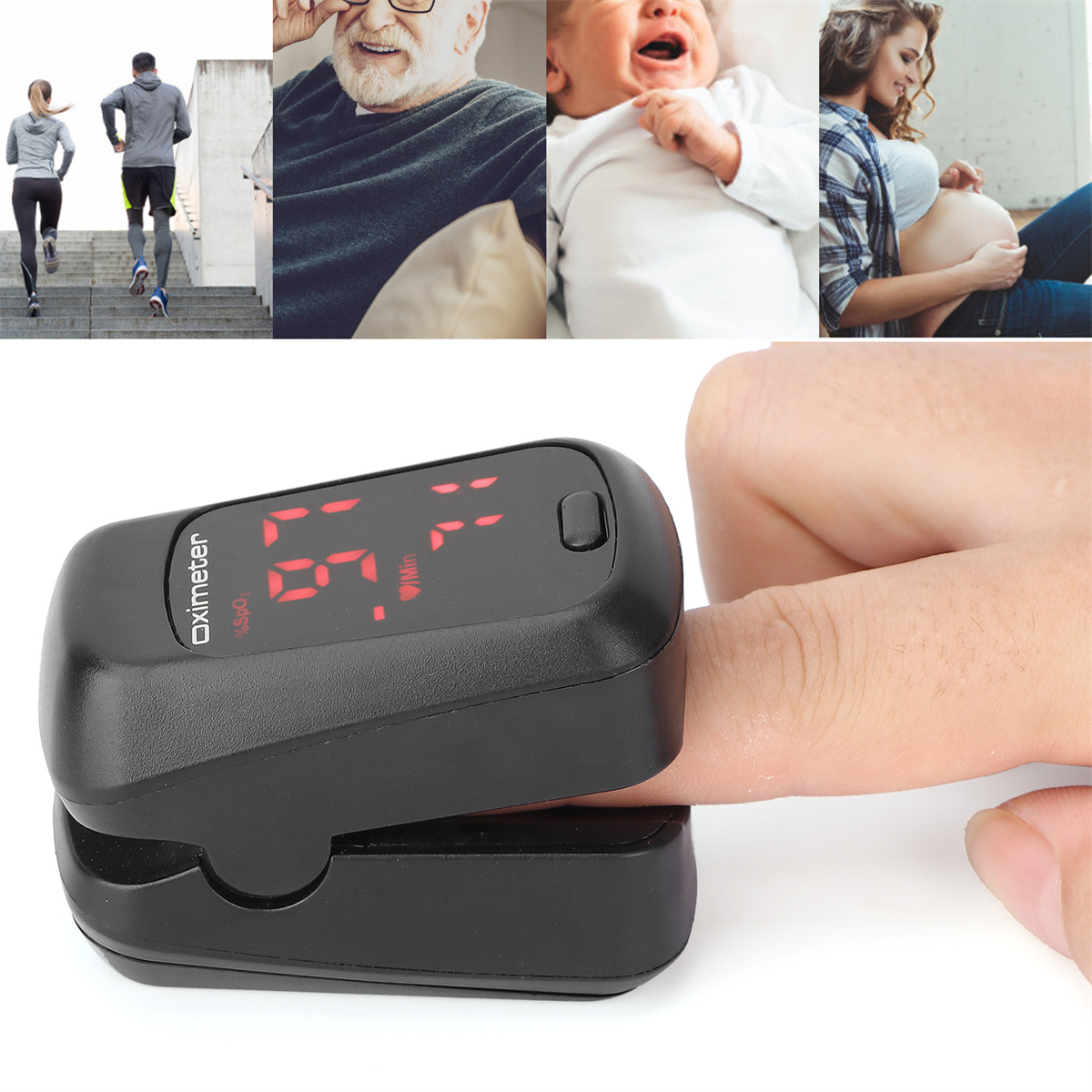 Ein Pulsoximeter an einem Finger. Das Bild zeigt eine Vielzahl von Menschen im Hintergrund.