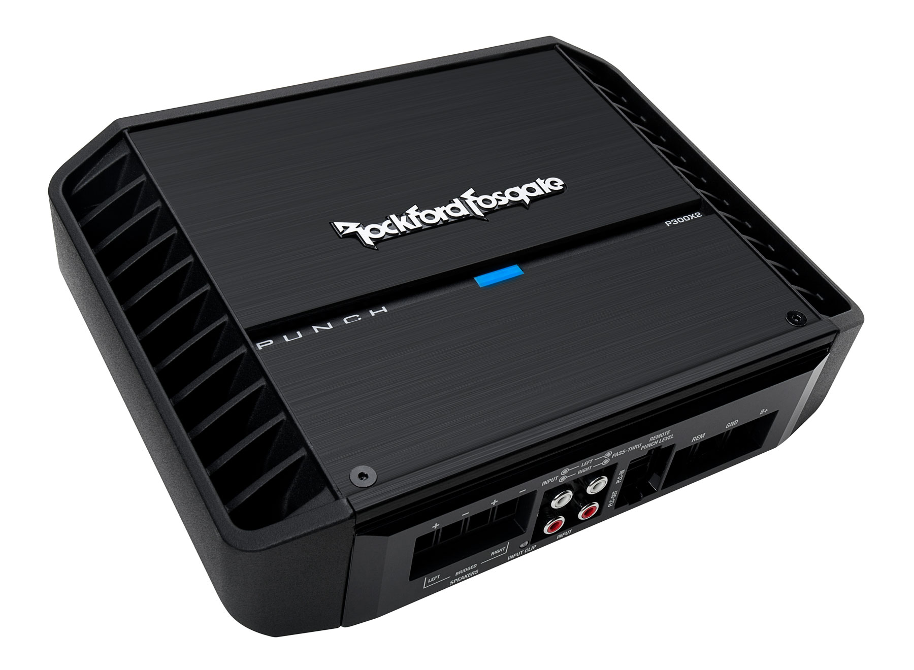 Schwarzer Auto-Audioverstärker mit Rockford Fosgate Branding und blauem Licht.