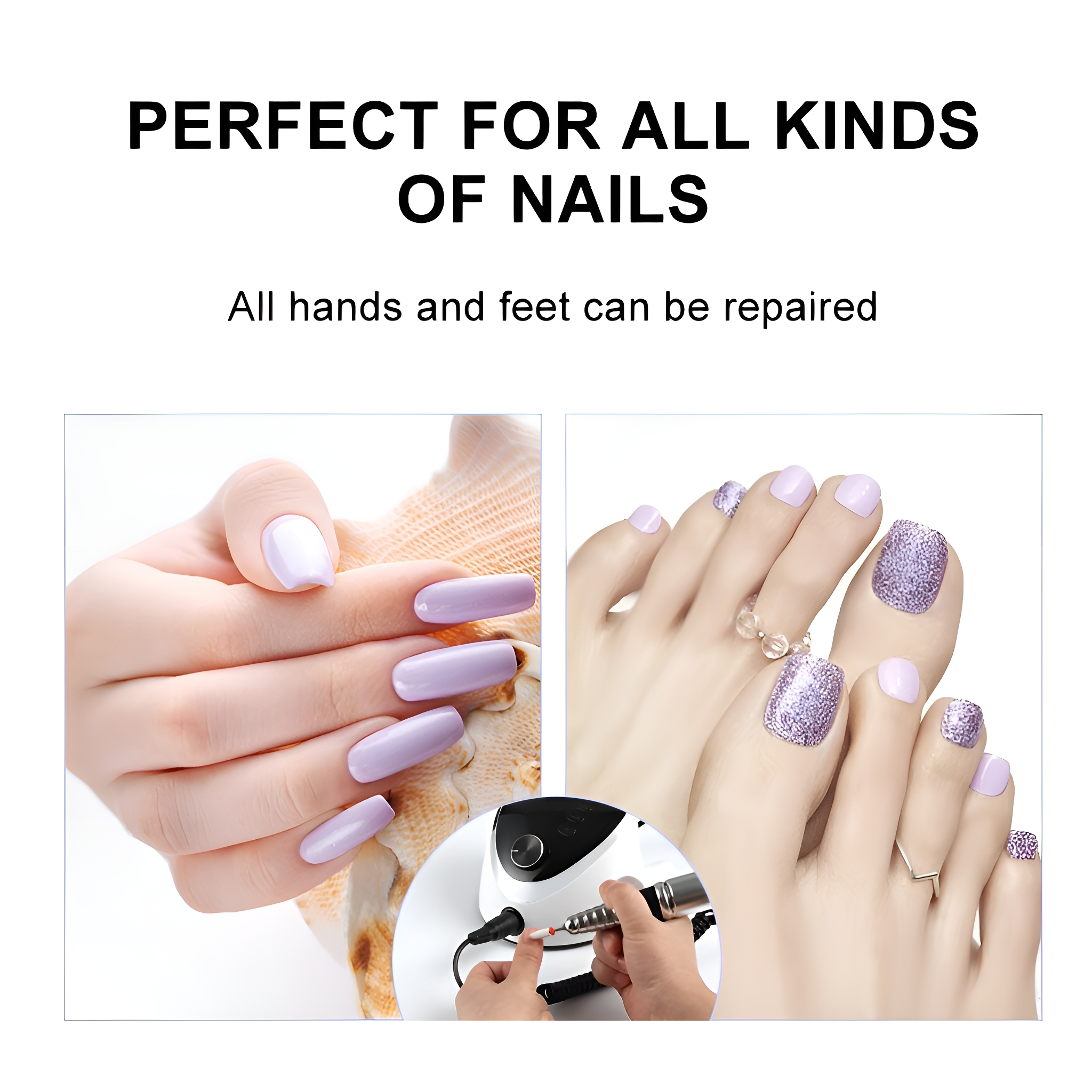 Ein Nagelpflegebild. Das Bild zeigt manikürte Hände, Füße und eine Nagelbohrmaschine.
