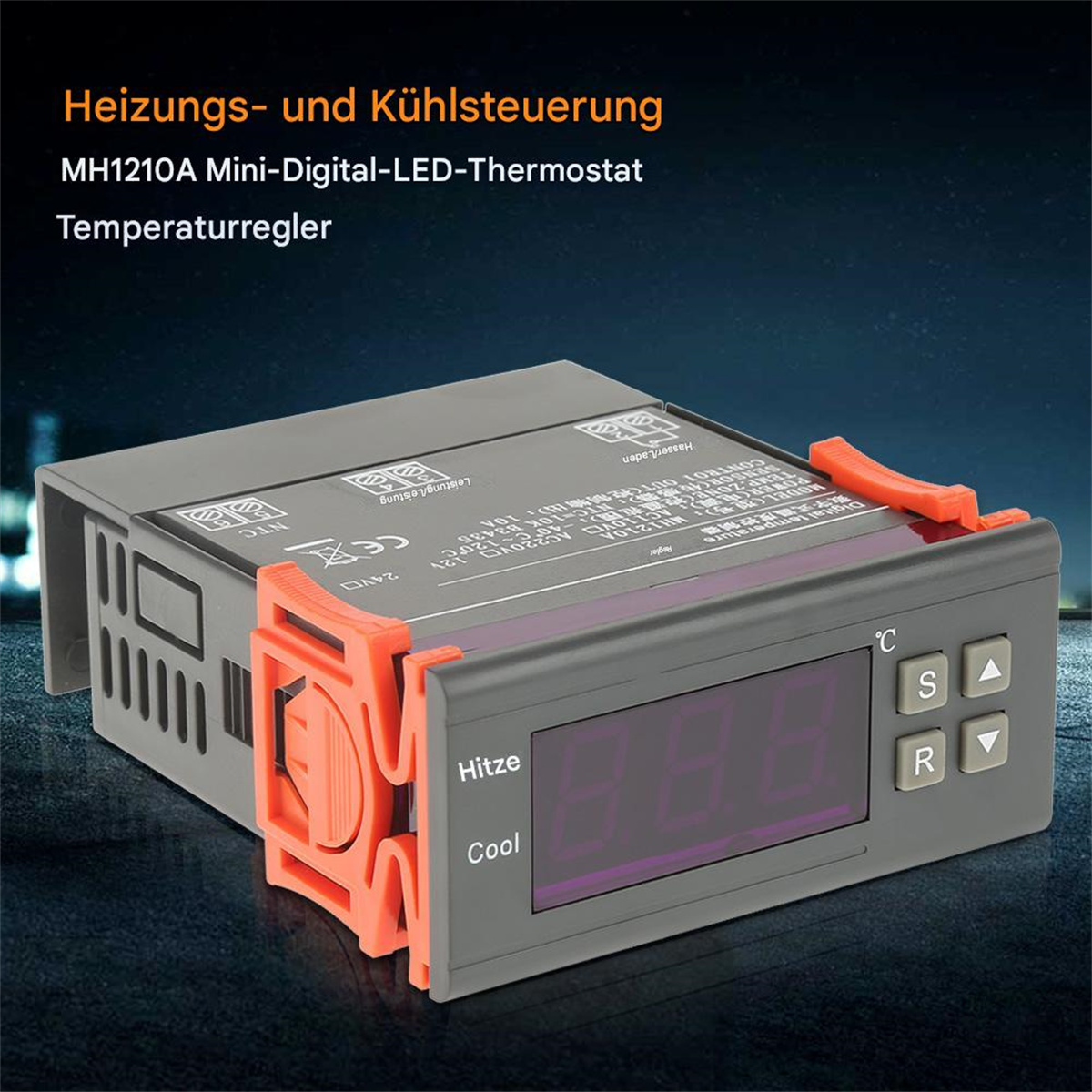 Ein grauer digitaler Thermostat mit orangefarbenem Clip, der rote Zahlen anzeigt. Text ist 'Heizungs- und Kühlsteuerung'.