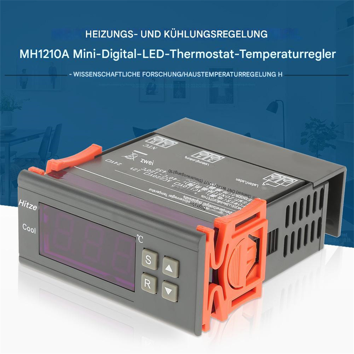 Ein digitaler Temperaturregler mit Display und Knöpfen. Er ist grau und orange.