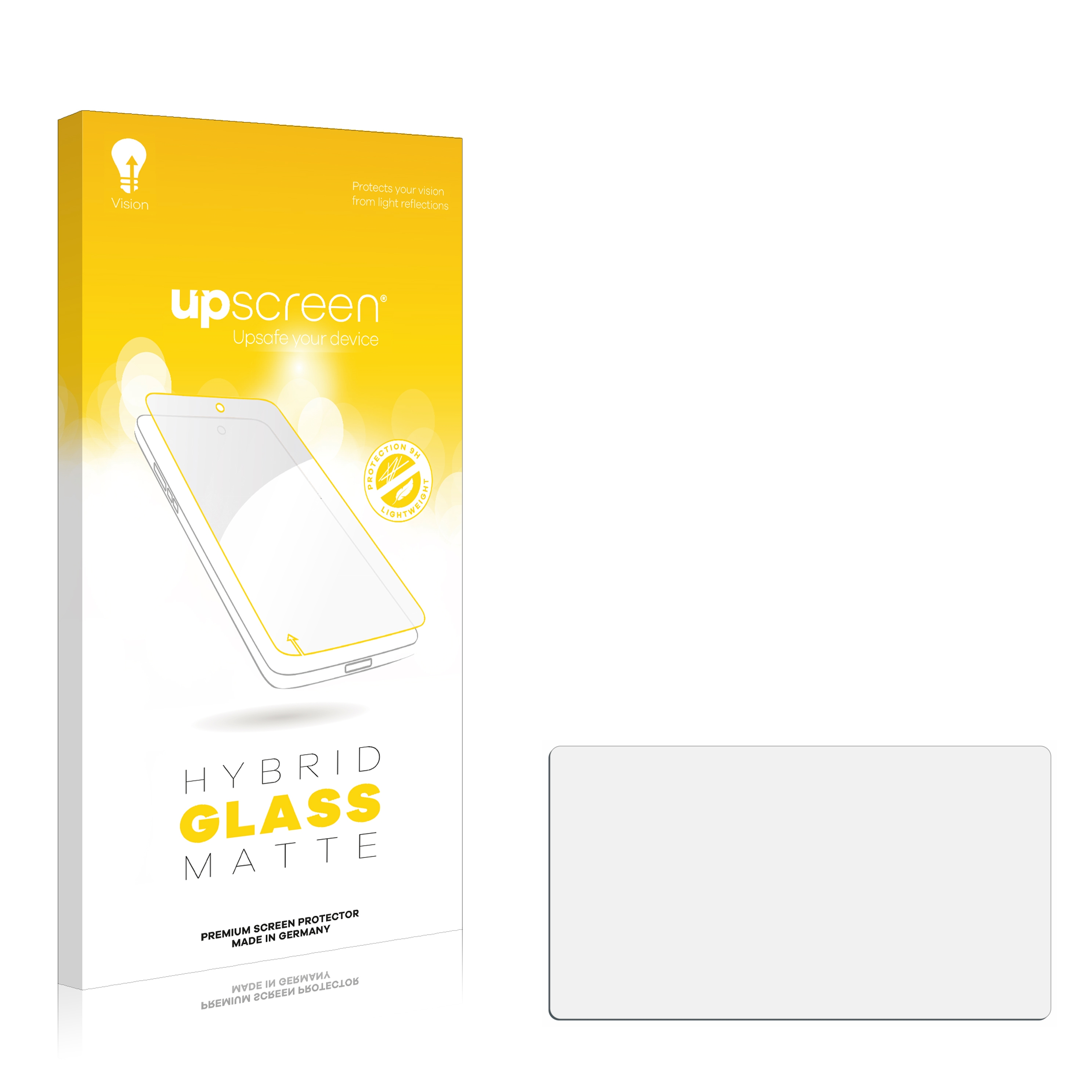 Weiße Schachtel mit Telefon und Displayschutzfolie. Text: 'upscreen' und 'HYBRID GLASS MATTE'.