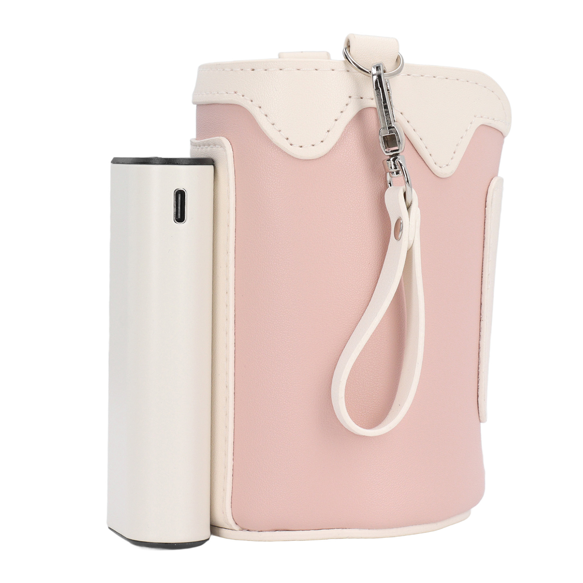 Eine rosa-weiße Tasche mit weißem Ladegerät und einem Griff mit Verschluss.