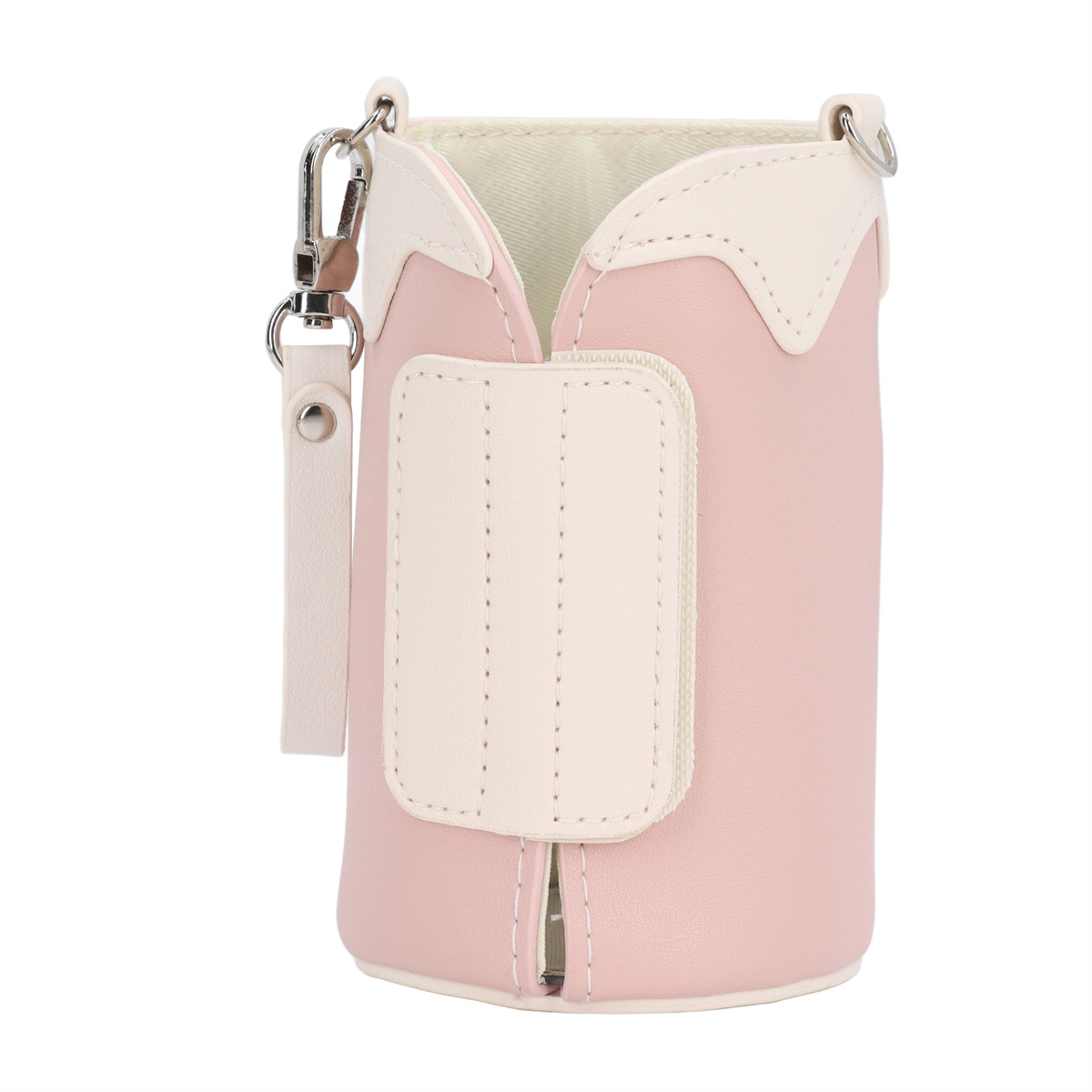 Rosa-weißer Flaschenhalter mit Riemen und Verschluss. Reißverschlusstasche vorne.
