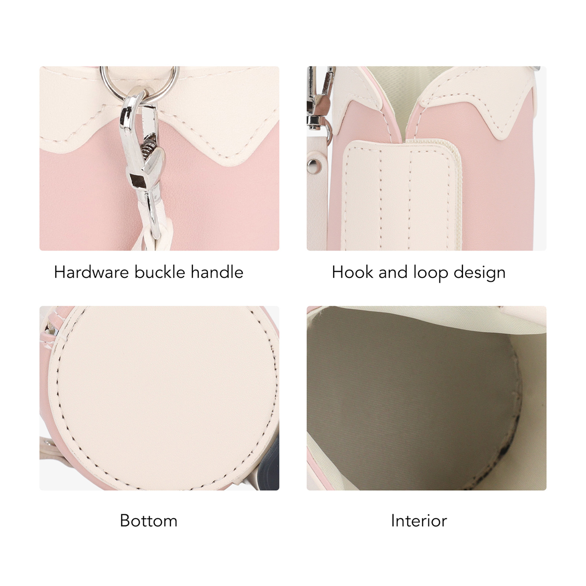 Vier Nahaufnahmen einer rosa-weißen Tasche, die Details von Griff, Verschluss, Boden und Innenraum zeigen.