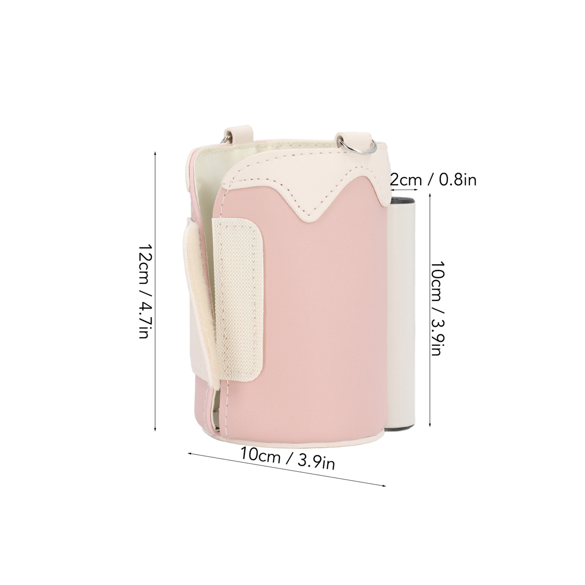 Rosa und weißes Handy-Etui mit abgebildeten Abmessungen, mit weißem Hintergrund.