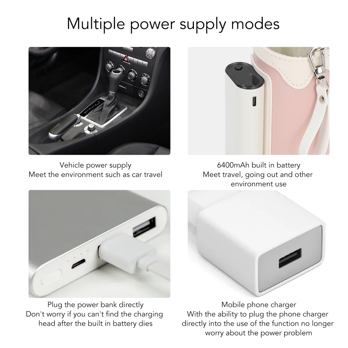 Vier Bilder, die verschiedene Stromversorgungsmodi zeigen: Auto, eingebauter Akku, Powerbank und Ladegerät.