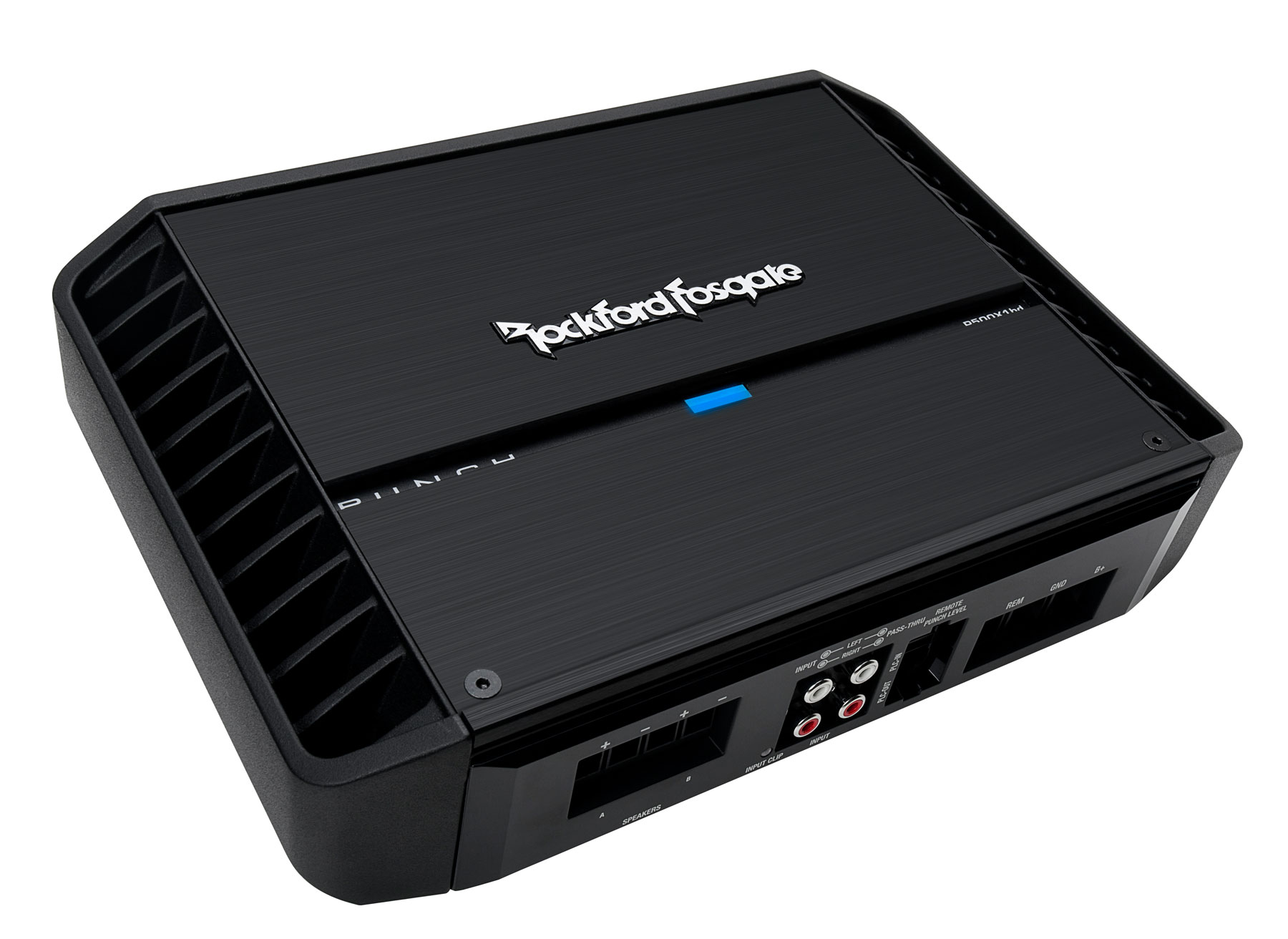 Schwarzer Rockford Fosgate-Verstärker. Hat den Markennamen und Modellinformationen oben.