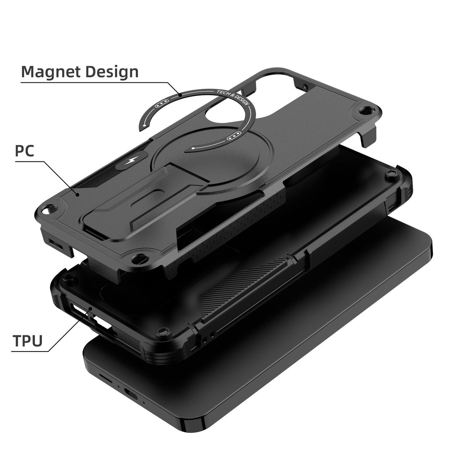 Schwarze Handyhülle mit drei Schichten, PC, TPU und Magnetdesign.
