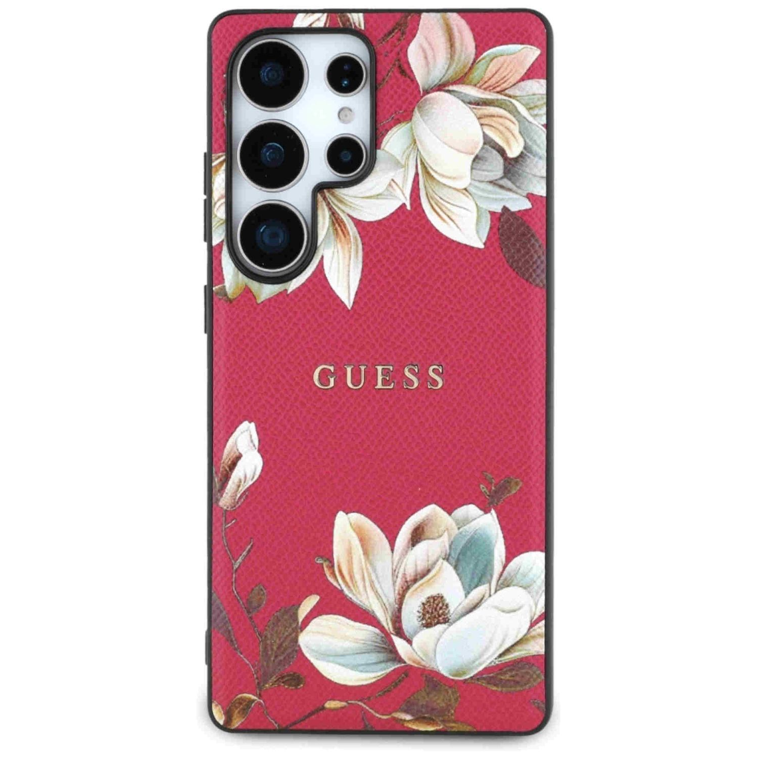 Rote Handyhülle mit floralem Design und goldenem 'GUESS'-Text.