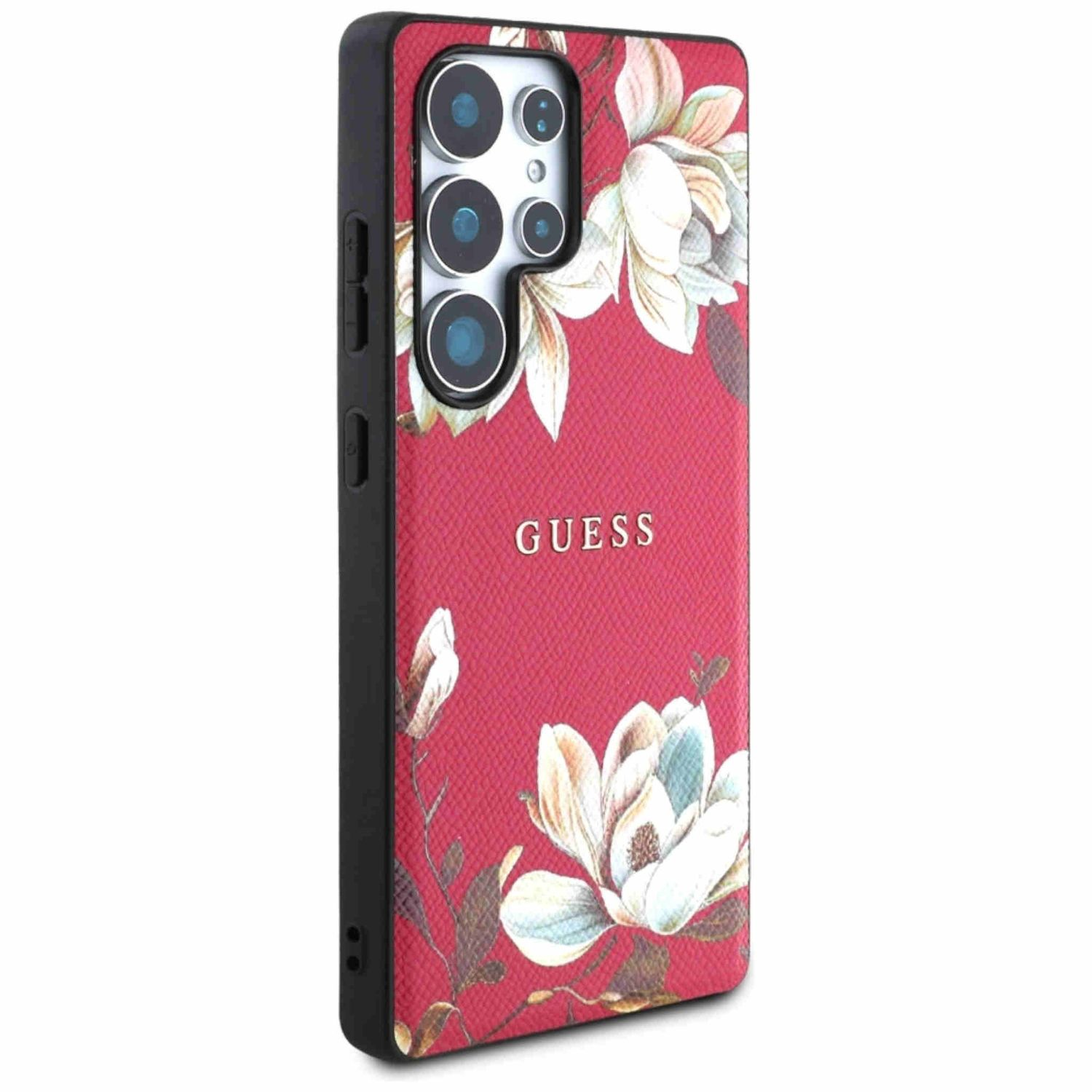 Rote Handyhülle mit weißen Blumen und GUESS-Logo. Telefon mit Kameras sichtbar.